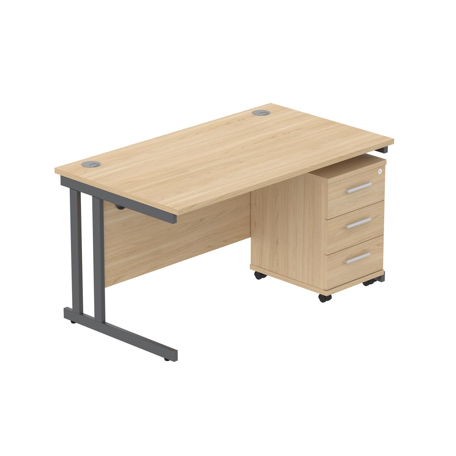 Double Upright Rectangular Desk + 3 Drawer Mobile Under Desk Pedestal  1400X800 Canadian Oak/Graphite
