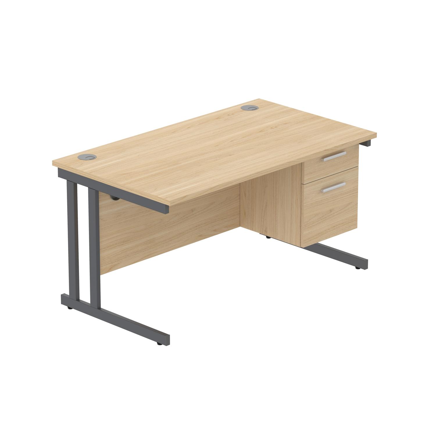 Office Rectangular Desk with Steel Double Upright Cantilever Legs + 2 Drawer Fixed Pedestal  1400X800 Canadian Oak/Graphite