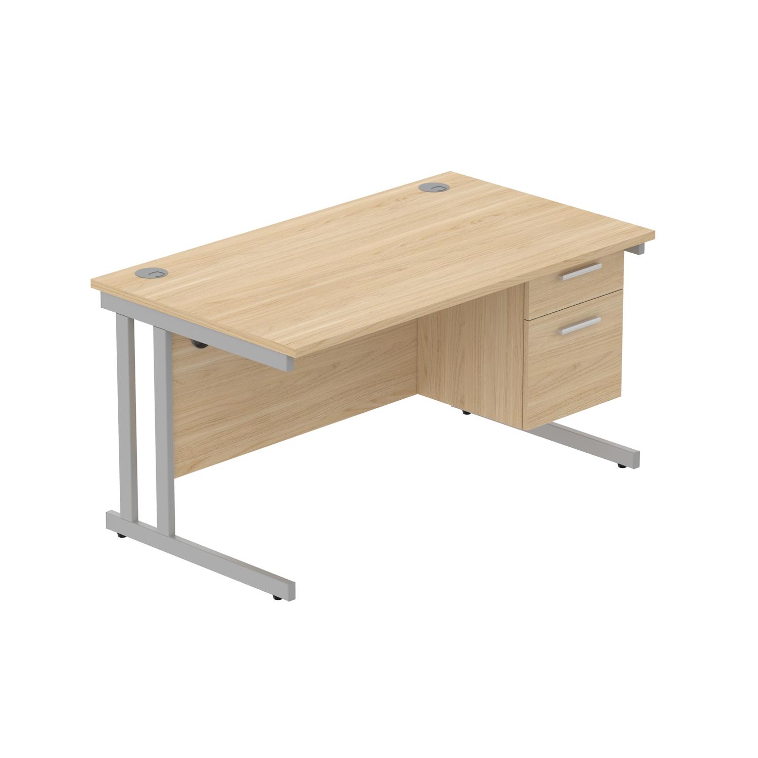 Office Rectangular Desk with Steel Double Upright Cantilever Legs + 2 Drawer Fixed Pedestal  1400X800 Canadian Oak/Silver
