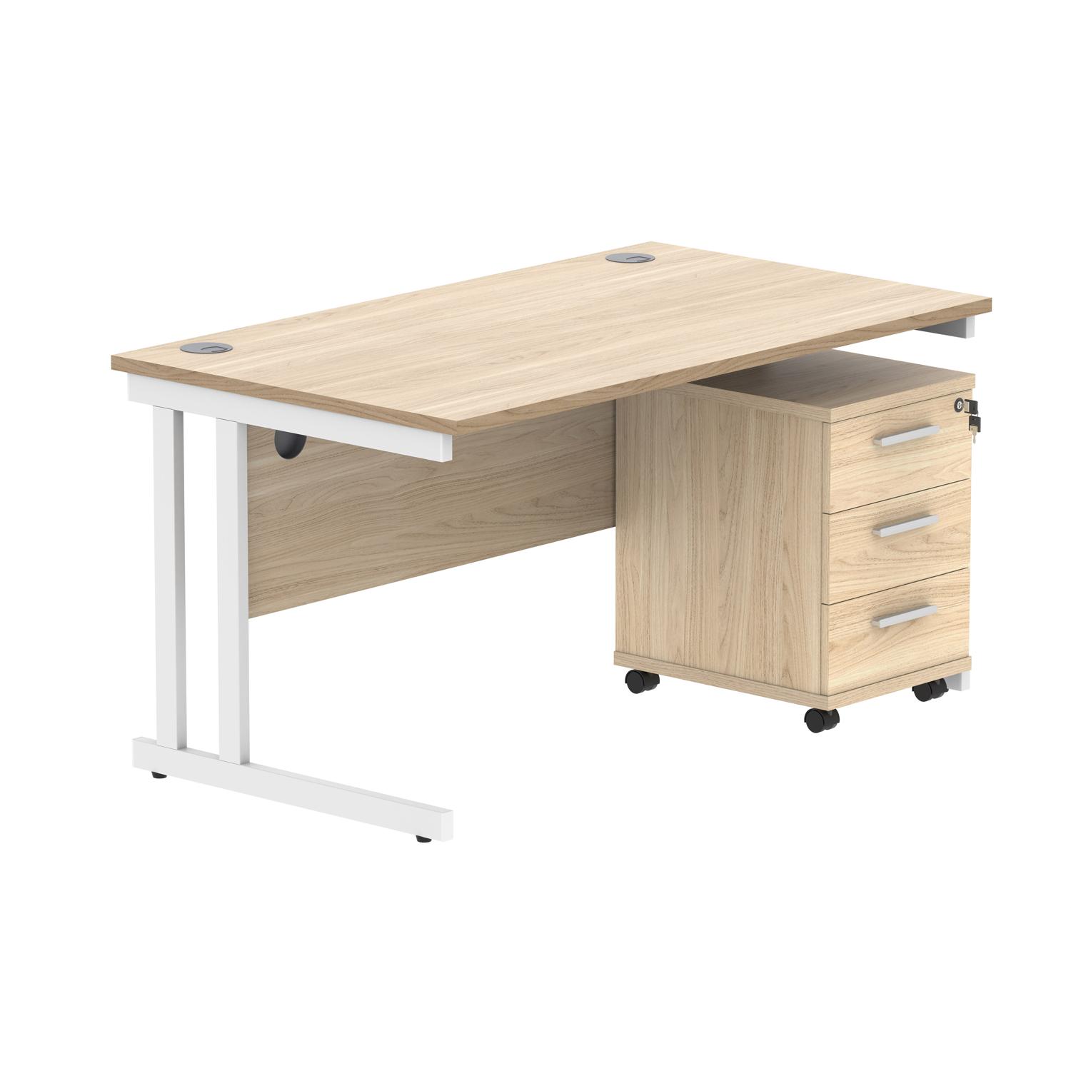 Double Upright Rectangular Desk + 3 Drawer Mobile Under Desk Pedestal  1400X800 Canadian Oak/White