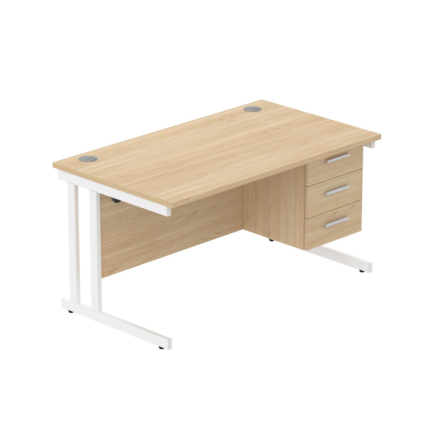 Office Rectangular Desk with Steel Double Upright Cantilever Legs + 3 Drawer Fixed Pedestal  1400X800 Canadian Oak/White