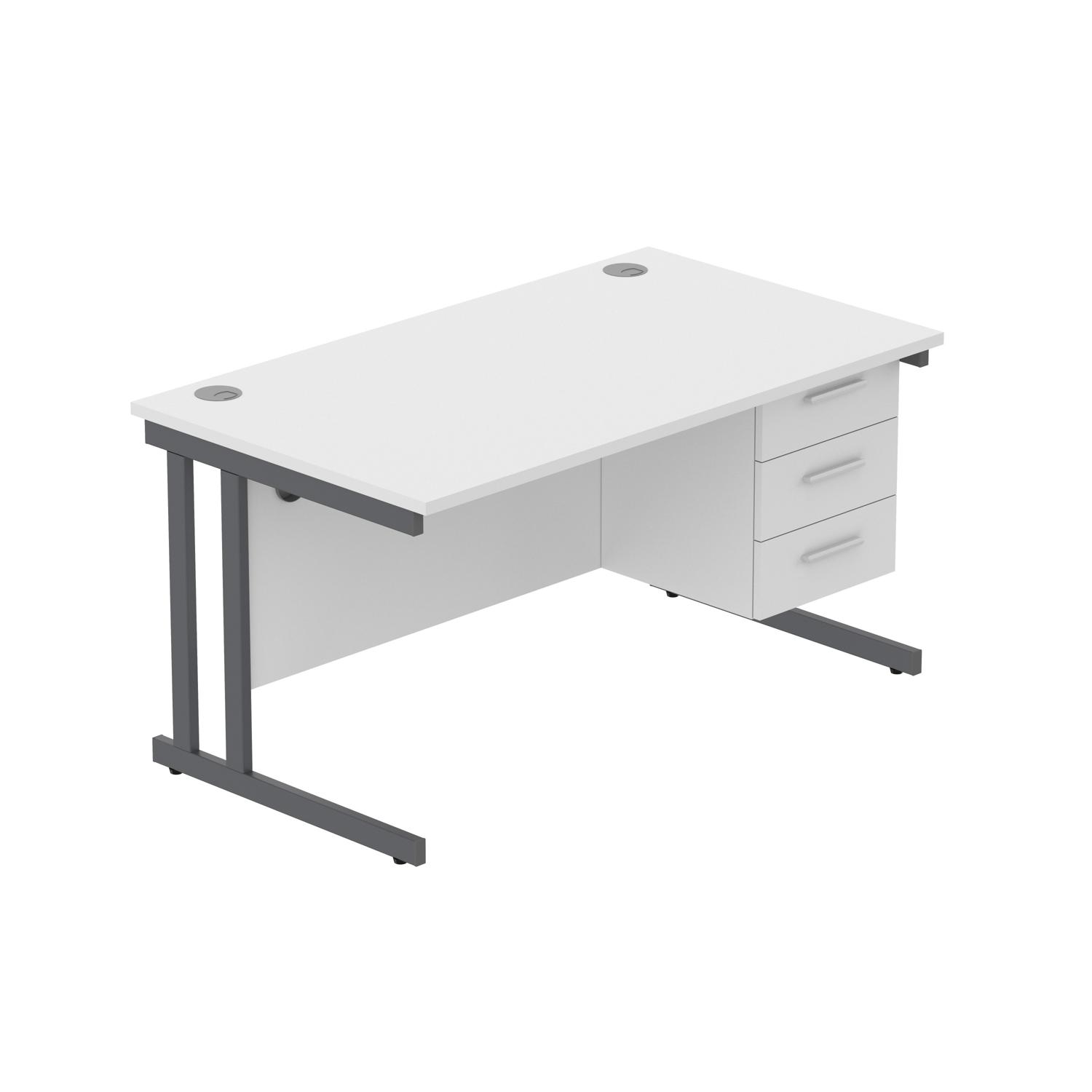Office Rectangular Desk with Steel Double Upright Cantilever Legs + 3 Drawer Fixed Pedestal  1400X800 Arctic White/Graphite