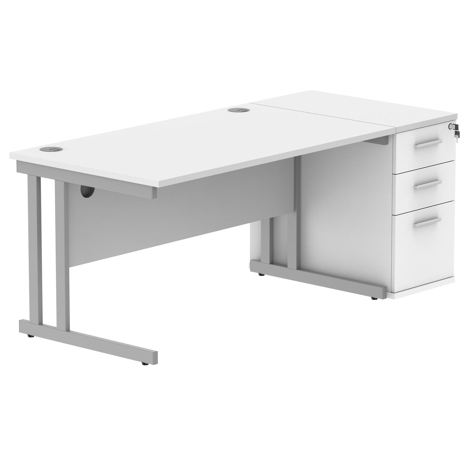 Double Upright Rectangular Desk + Desk High Pedestal  1400X800 Arctic White/Silver