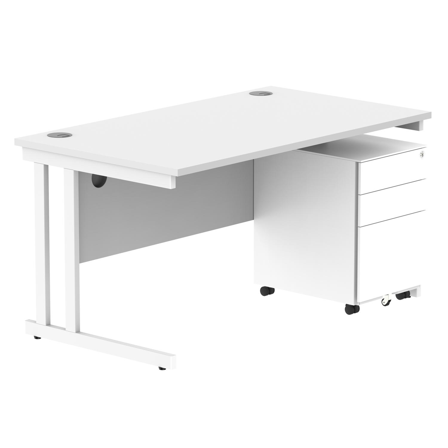 Double Upright Rectangular Desk + Under Desk Steel Pedestal 3 Drawers  1400X800 Arctic White/White