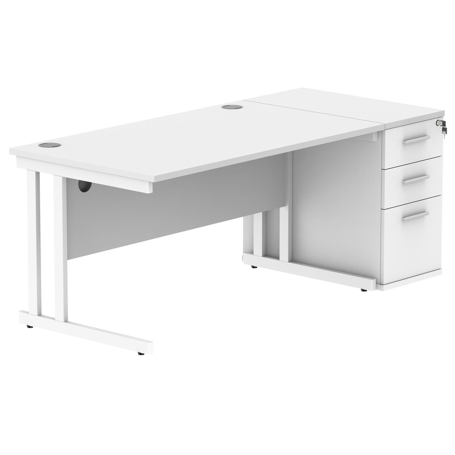 Double Upright Rectangular Desk + Desk High Pedestal  1400X800 Arctic White/White