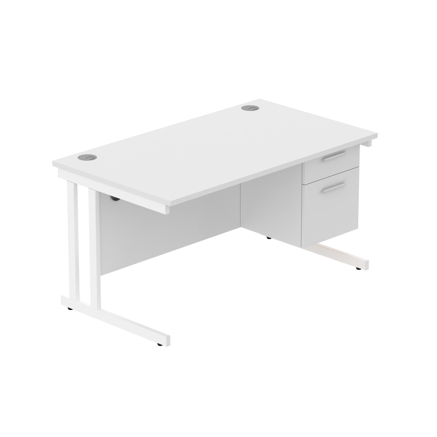 Office Rectangular Desk with Steel Double Upright Cantilever Legs + 2 Drawer Fixed Pedestal  1400X800 Arctic White/White