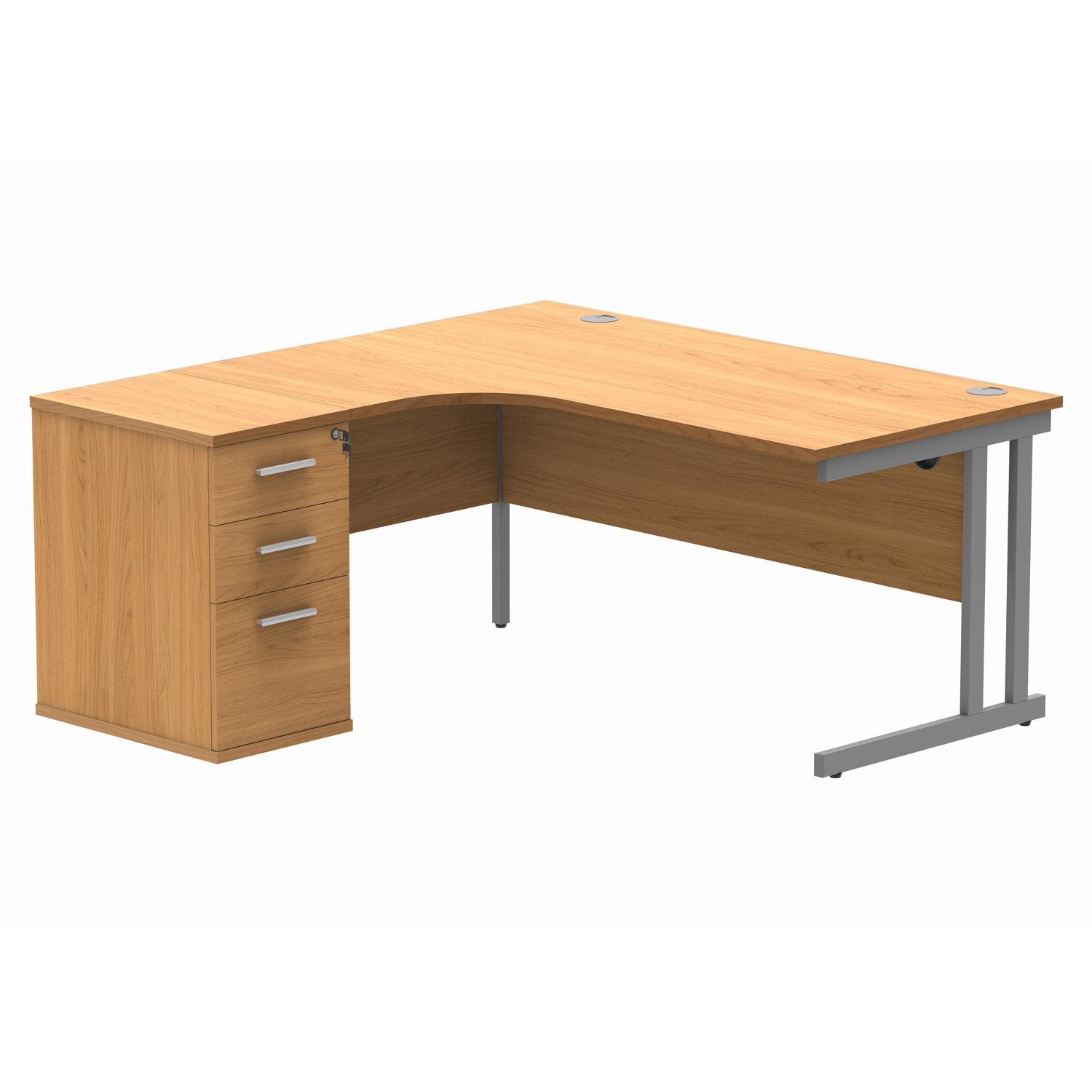 Double Upright Left Hand Radial Desk + Desk High Pedestal  600mm Deep Pedestal 1600X1200 Norwegian Beech/Silver