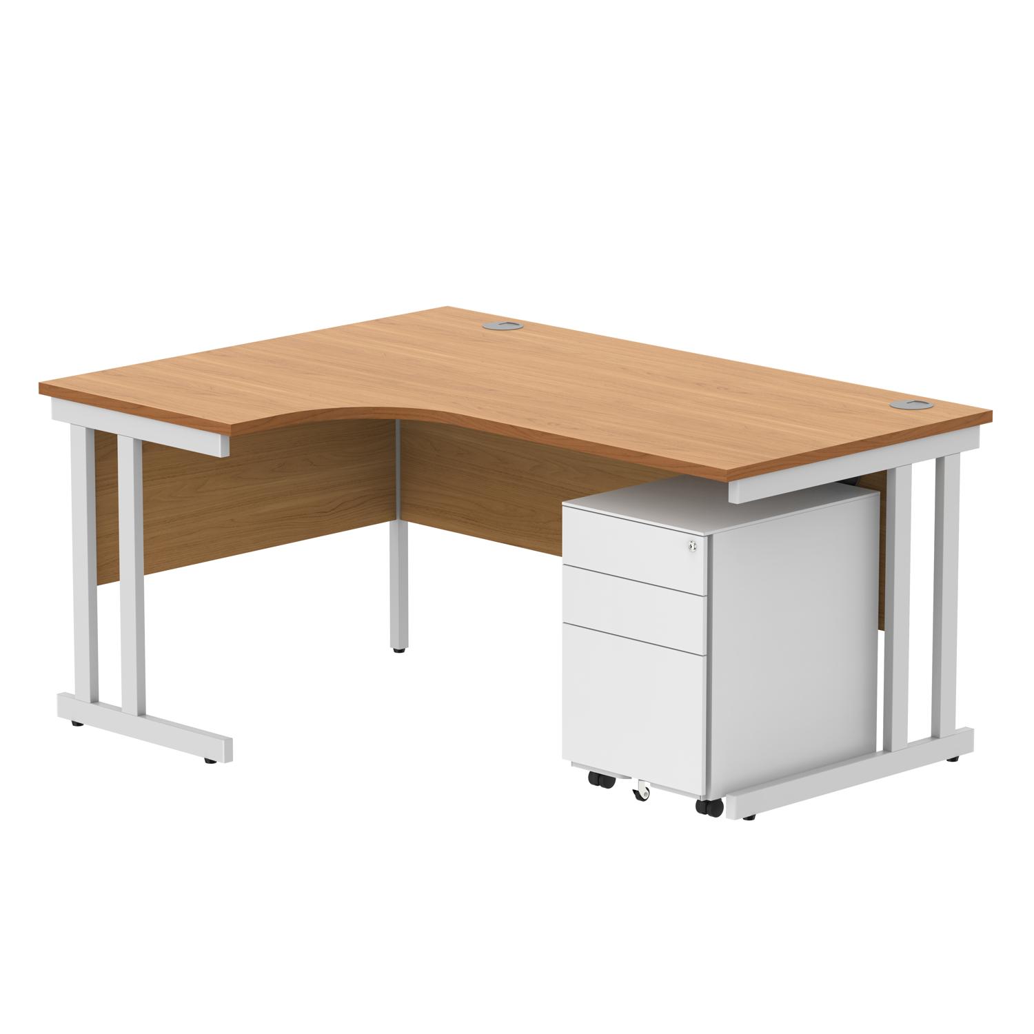 Double Upright Left Hand Radial Desk + Under Desk Steel Pedestal 3 Drawers 1600X1200 Norwegian Beech/White Double Upright Left Hand Radial Desk + Under Desk Steel Pedestal 3 Drawers 1600X1200 Norwegian Beech/White