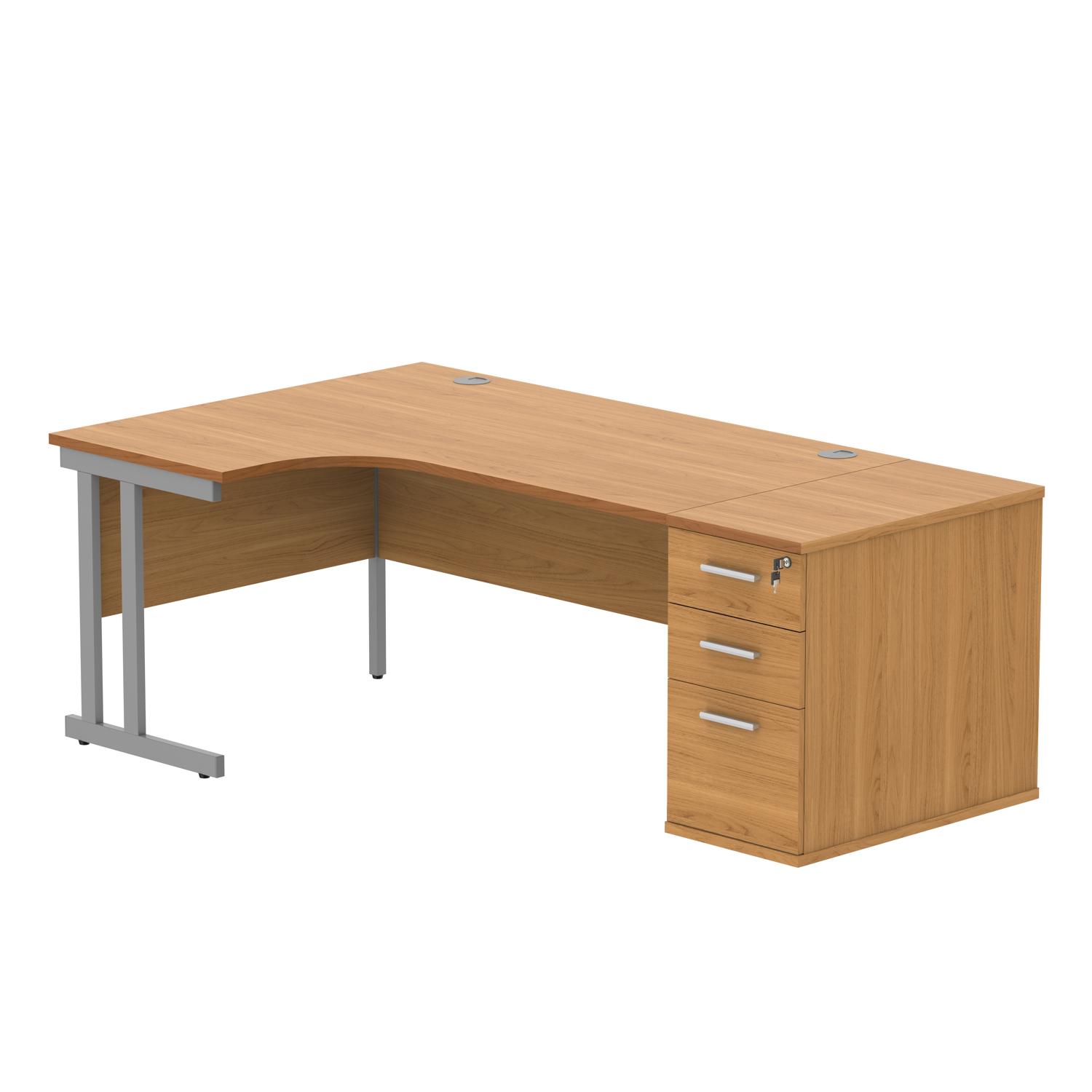 Double Upright Left Hand Radial Desk + Desk High Pedestal  800mm Deep Pedestal 1600X1200 Norwegian Beech/Silver