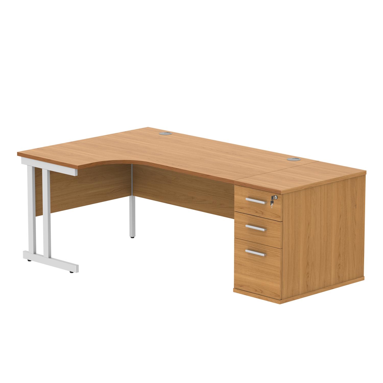 Double Upright Left Hand Radial Desk + Desk High Pedestal  800mm Deep Pedestal 1600X1200 Norwegian Beech/White