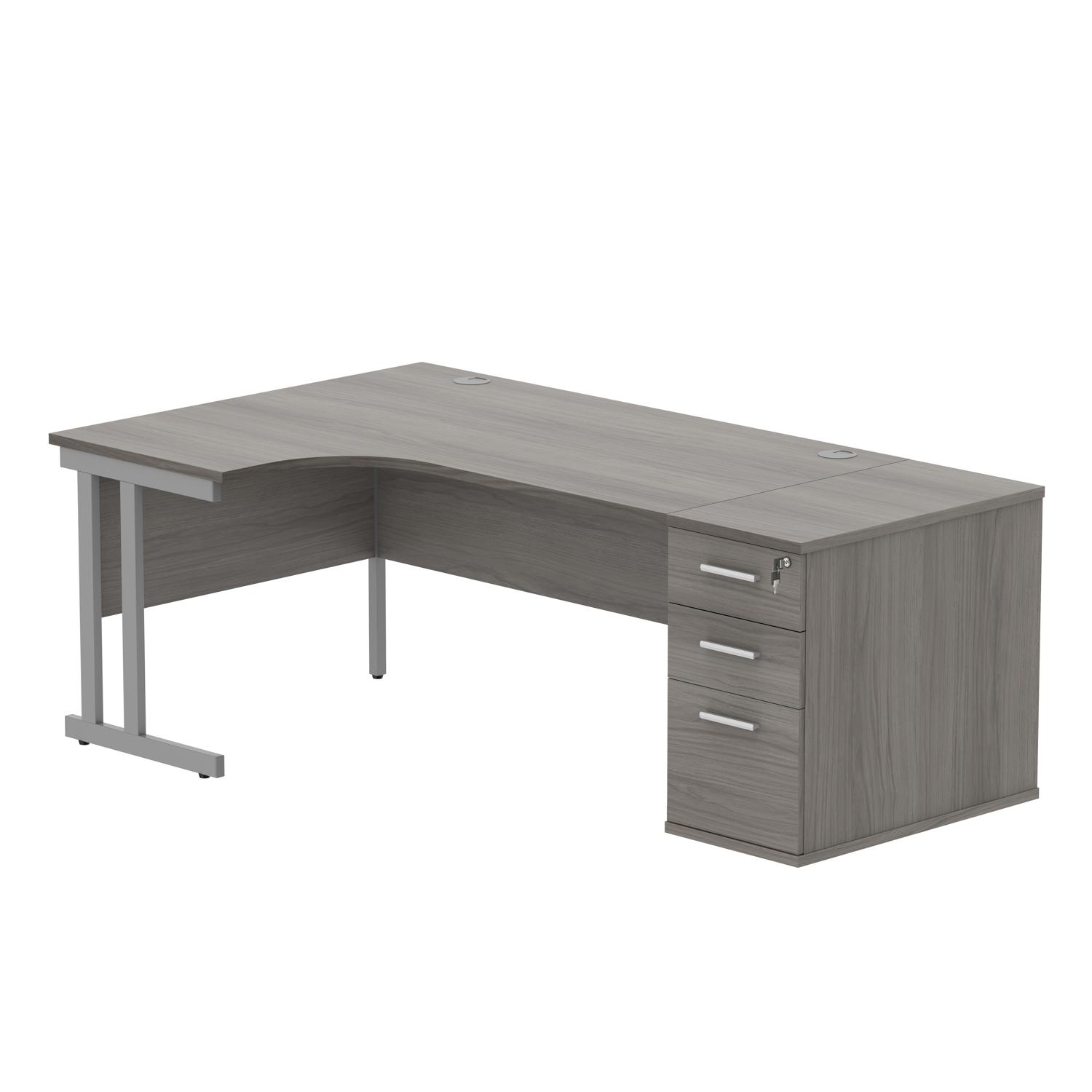 Double Upright Left Hand Radial Desk + Desk High Pedestal  800mm Deep Pedestal 1600X1200 Alaskan Grey Oak/Silver