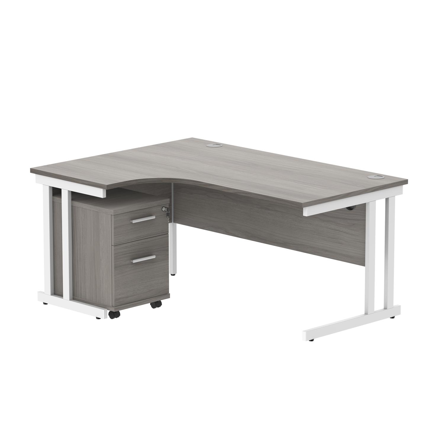 Double Upright Left Hand Radial Desk + 2 Drawer Mobile Under Desk Pedestal  1600X1200 Alaskan Grey Oak/White