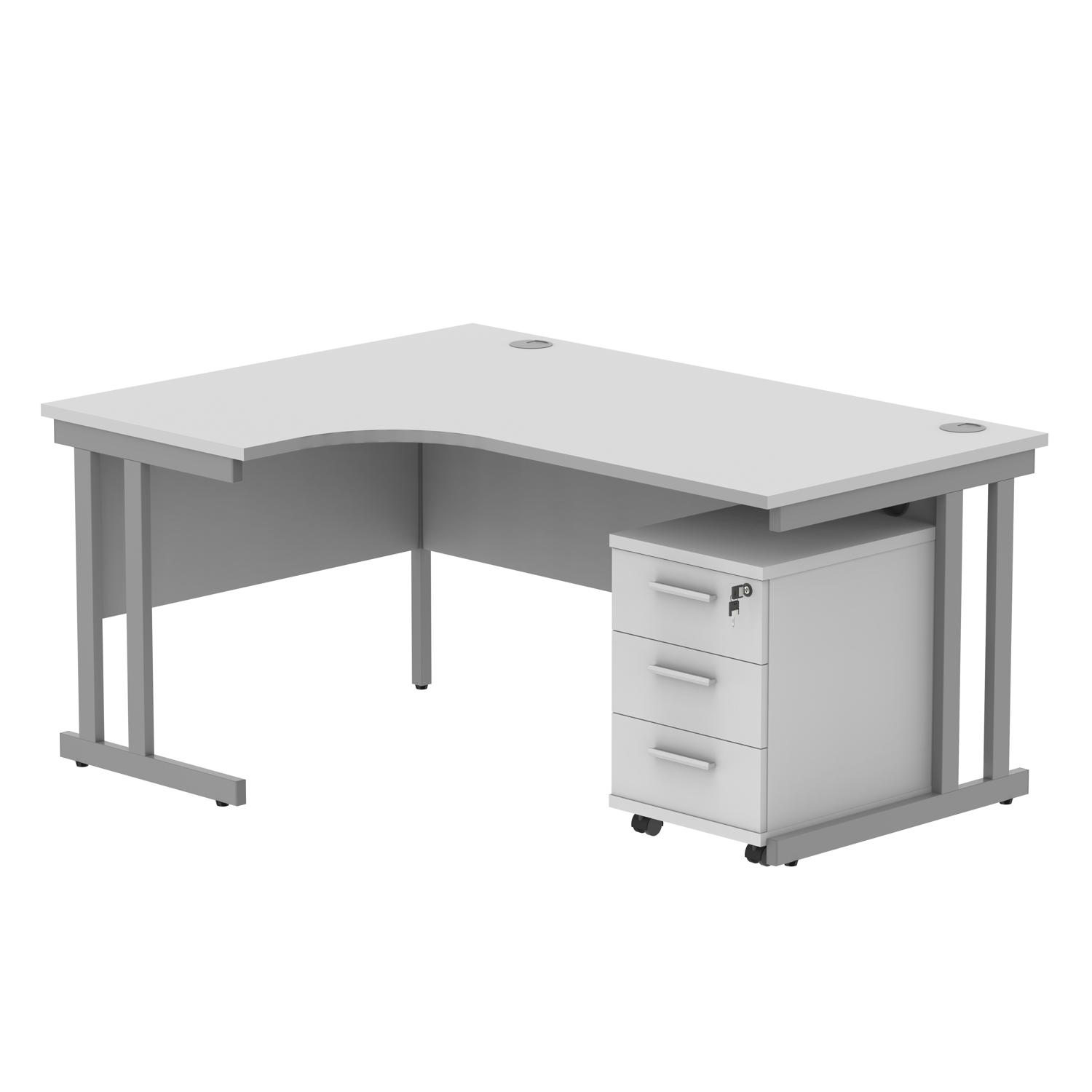 Double Upright Left Hand Radial Desk + 3 Drawer Mobile Under Desk Pedestal  1600X1200 Arctic White/Silver