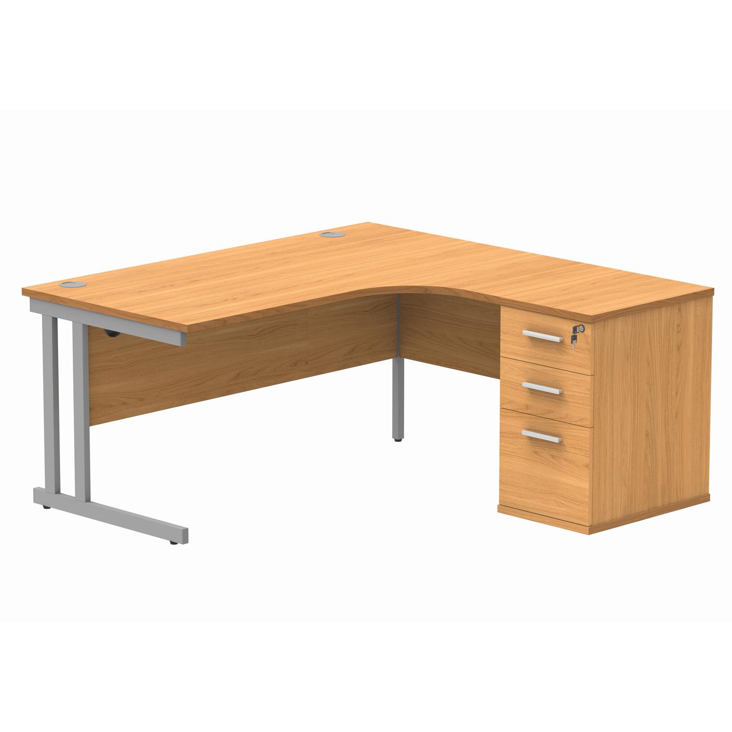 Double Upright Right Hand Radial Desk + Desk High Pedestal  600mm Deep Pedestal 1600X1200 Norwegian Beech/Silver