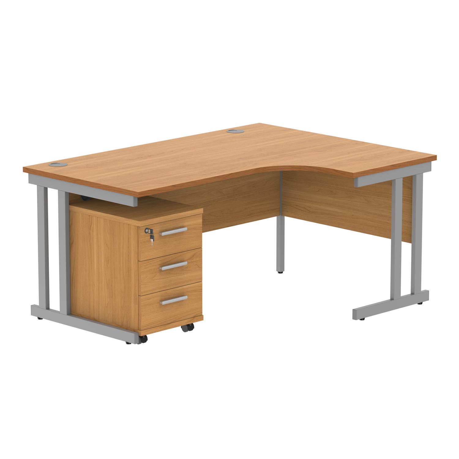 Double Upright Right Hand Radial Desk + 3 Drawer Mobile Under Desk Pedestal  1600X1200 Norwegian Beech/Silver
