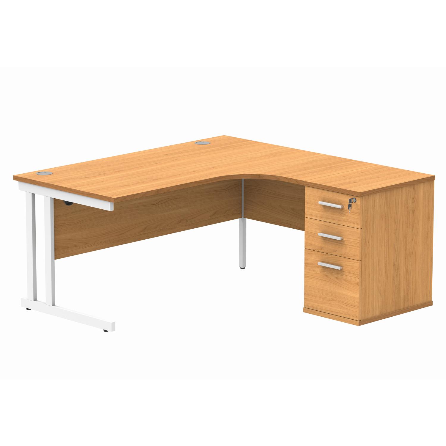 Double Upright Right Hand Radial Desk + Desk High Pedestal  600mm Deep Pedestal 1600X1200 Norwegian Beech/White