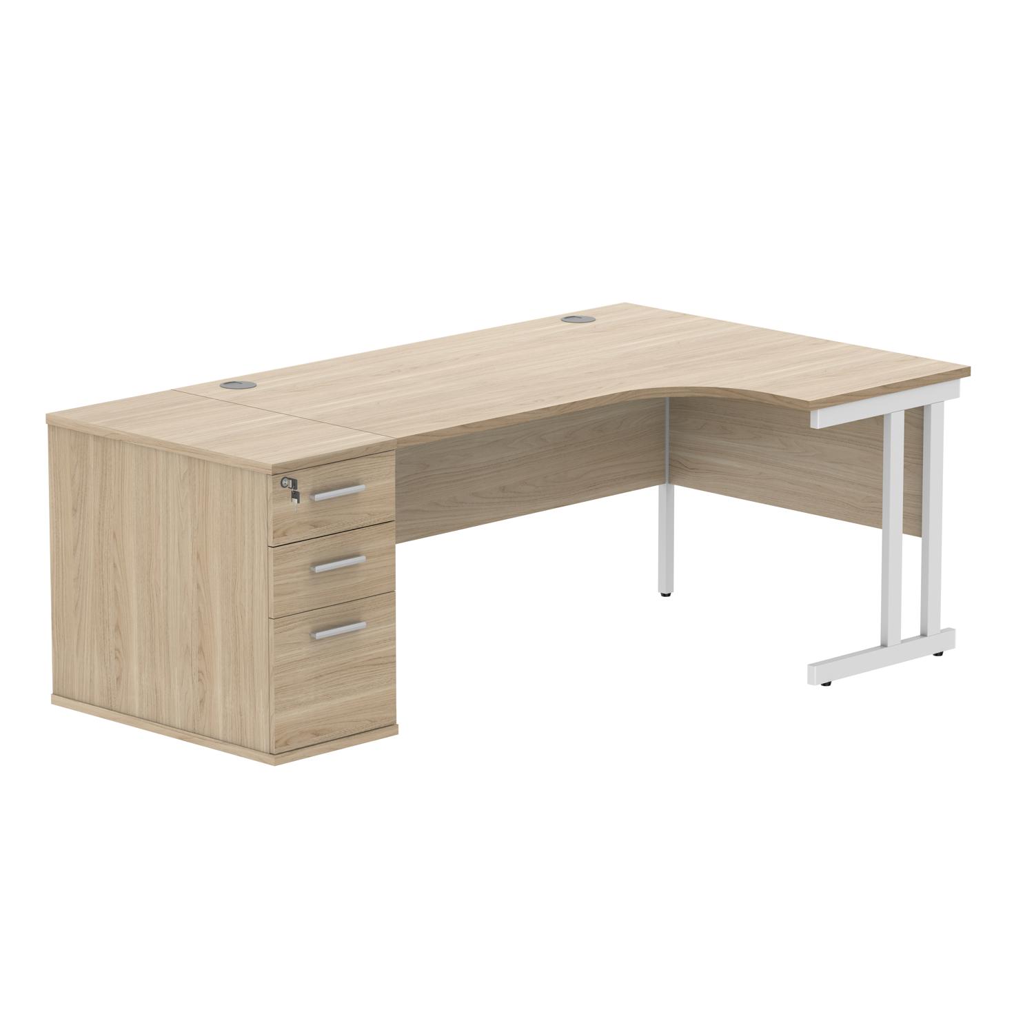 Double Upright Right Hand Radial Desk + Desk High Pedestal  800mm Deep Pedestal 1600X1200 Canadian Oak/White