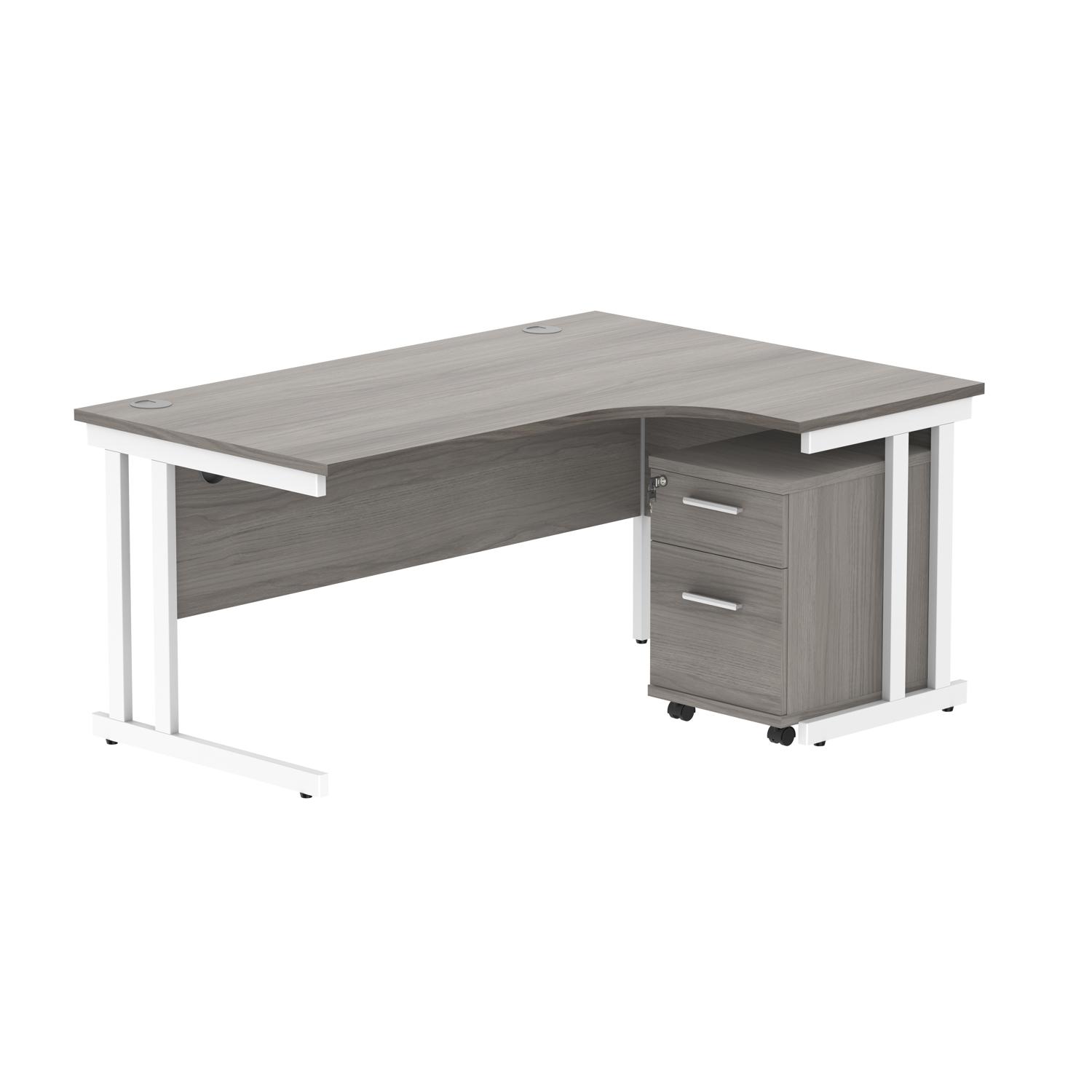 Double Upright Right Hand Radial Desk + 2 Drawer Mobile Under Desk Pedestal  1600X1200 Alaskan Grey Oak/White