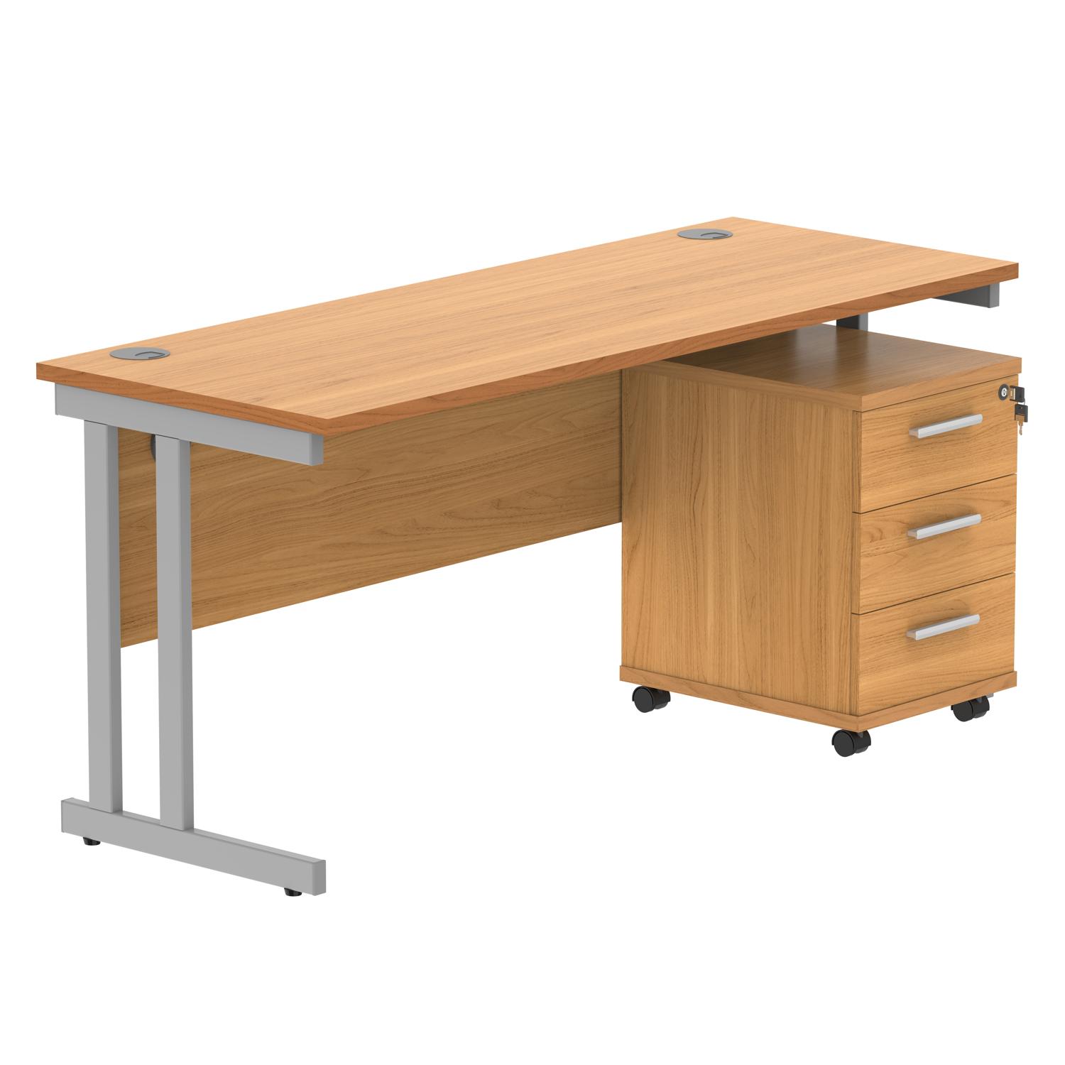 Double Upright Rectangular Desk + 3 Drawer Mobile Under Desk Pedestal  1600X600 Norwegian Beech/Silver