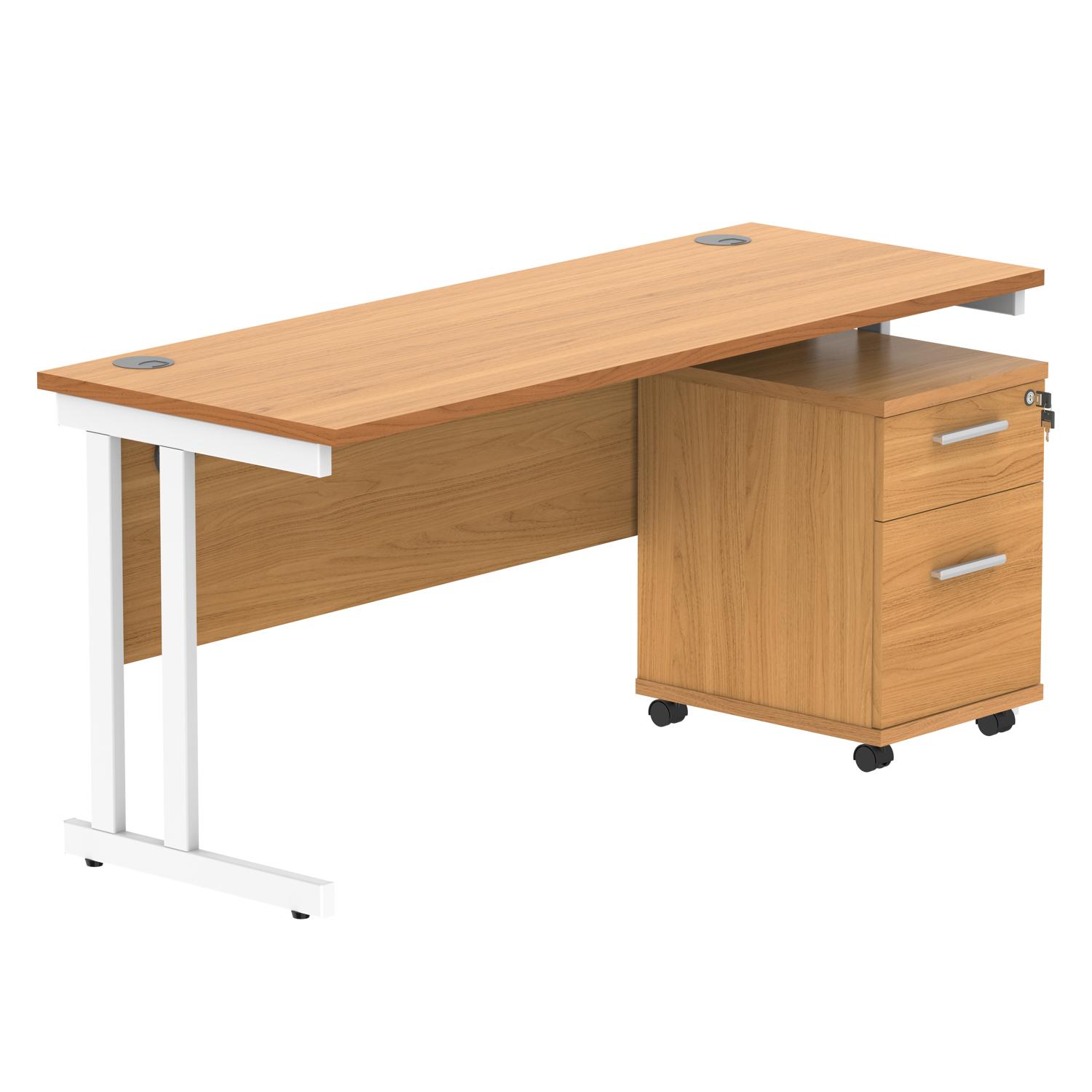 Double Upright Rectangular Desk + 2 Drawer Mobile Under Desk Pedestal  1600X600 Norwegian Beech/White
