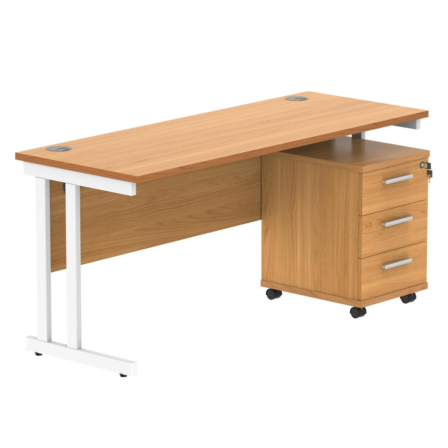 Double Upright Rectangular Desk + 3 Drawer Mobile Under Desk Pedestal  1600X600 Norwegian Beech/White