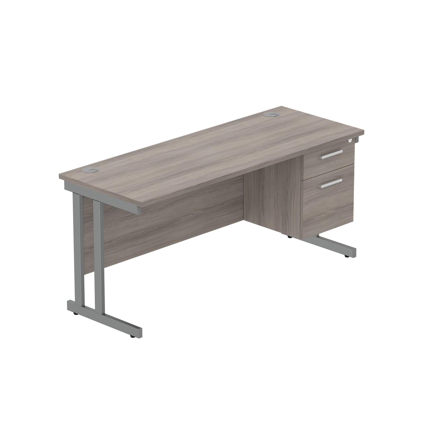 Office Rectangular Desk with Steel Double Upright Cantilever Legs + 2 Drawer Fixed Pedestal  1600X600 Alaskan Grey Oak/Graphite