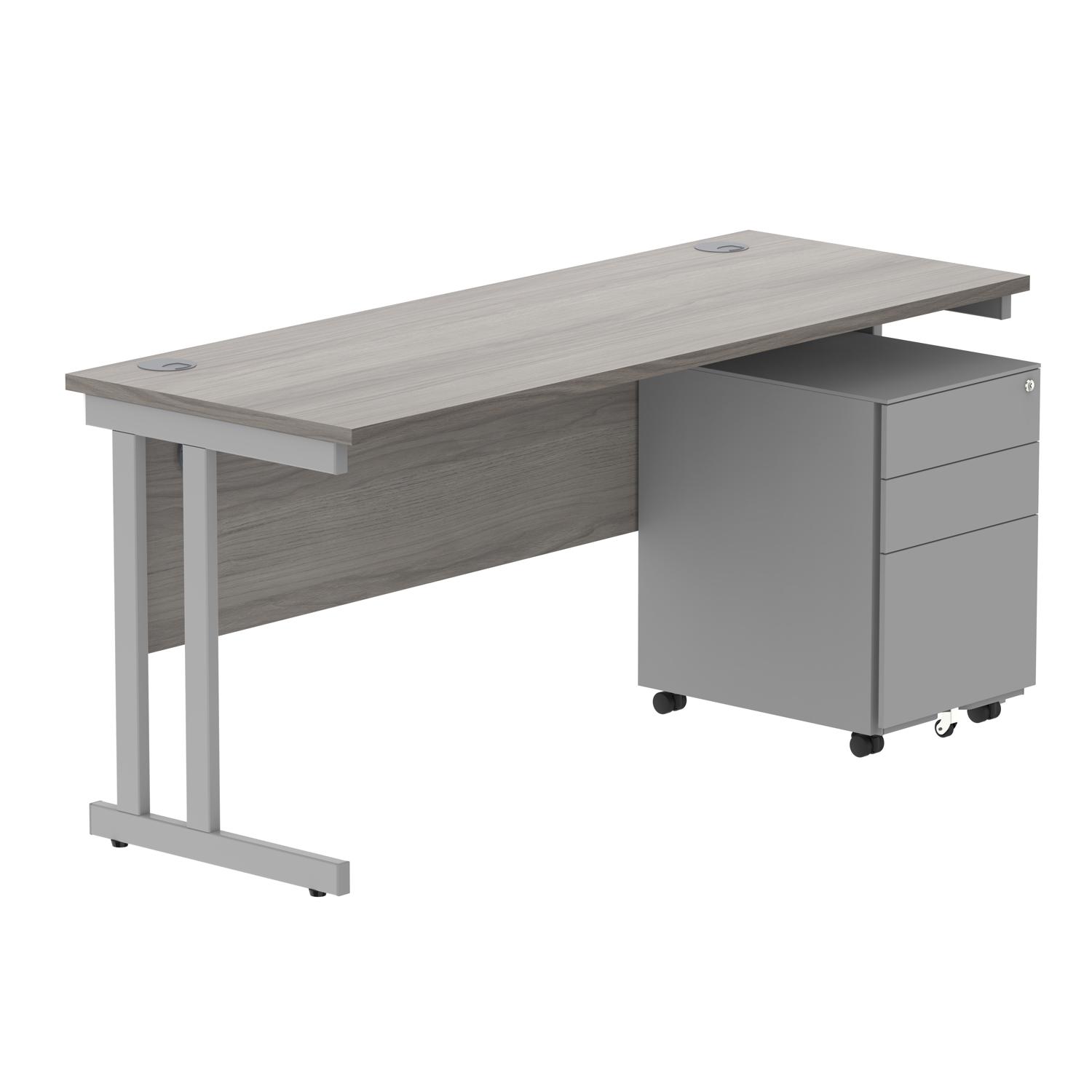 Double Upright Rectangular Desk + Under Desk Steel Pedestal 3 Drawers  1600X600 Alaskan Grey Oak/Silver