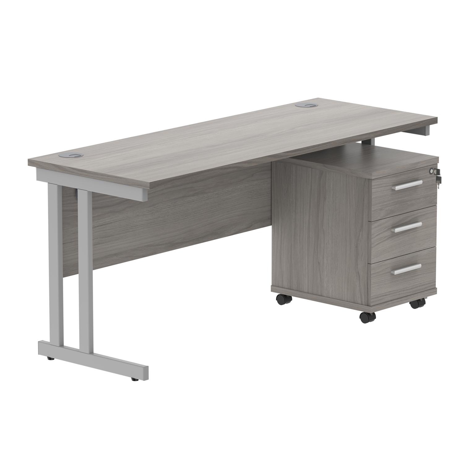 Double Upright Rectangular Desk + 3 Drawer Mobile Under Desk Pedestal  1600X600 Alaskan Grey Oak/Silver