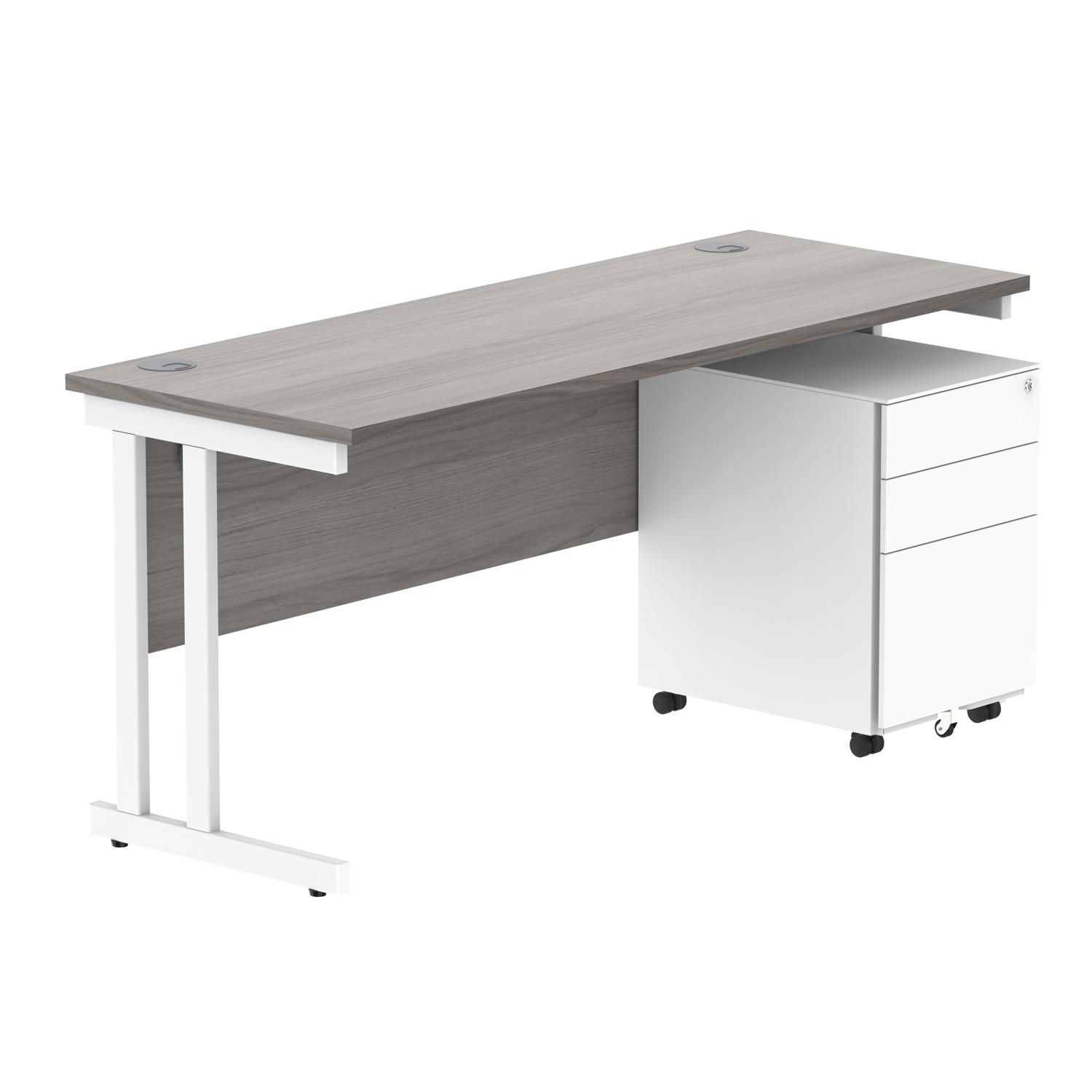 Double Upright Rectangular Desk + Under Desk Steel Pedestal 3 Drawers  1600X600 Alaskan Grey Oak/White