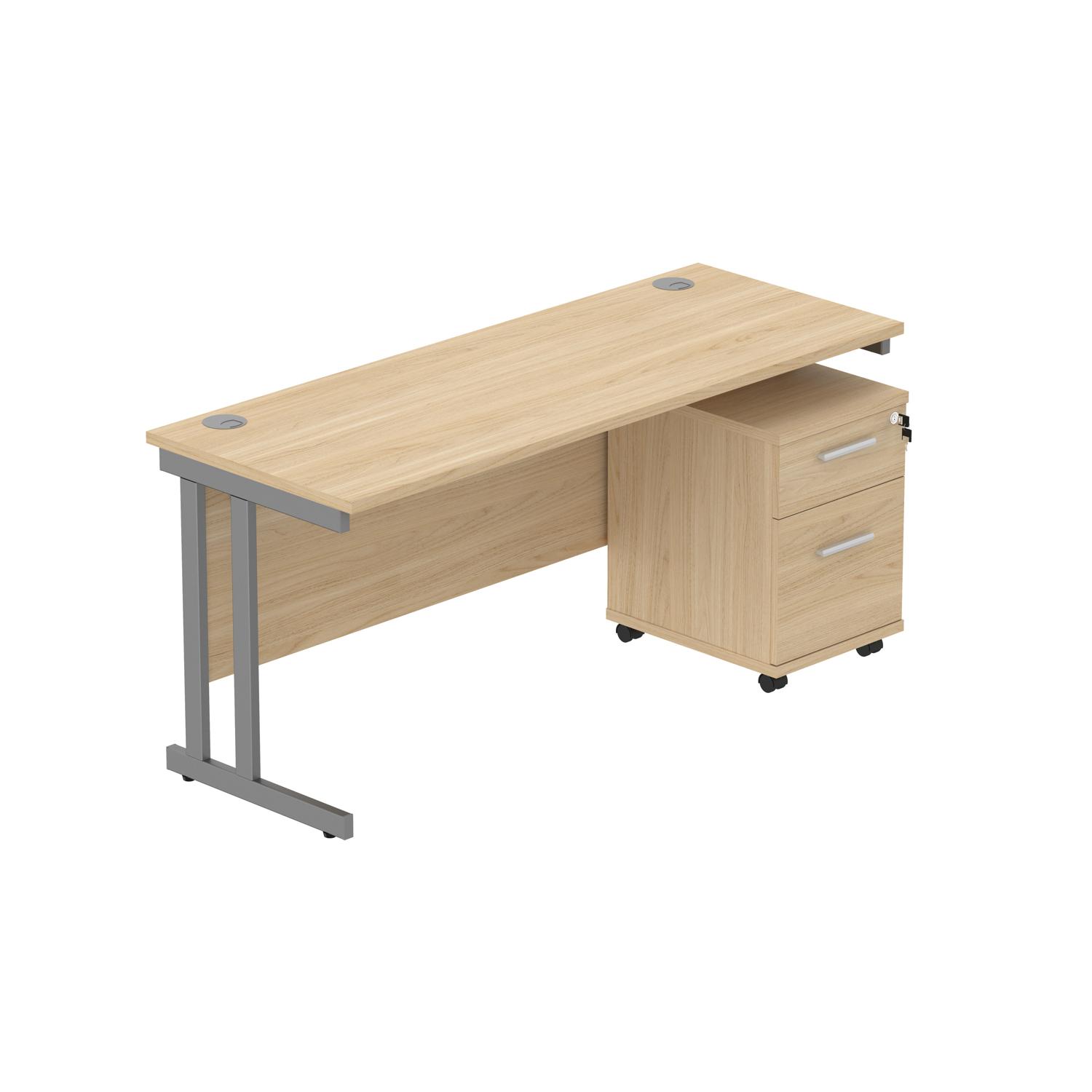 Double Upright Rectangular Desk + 2 Drawer Mobile Under Desk Pedestal  1600X600 Canadian Oak/Graphite