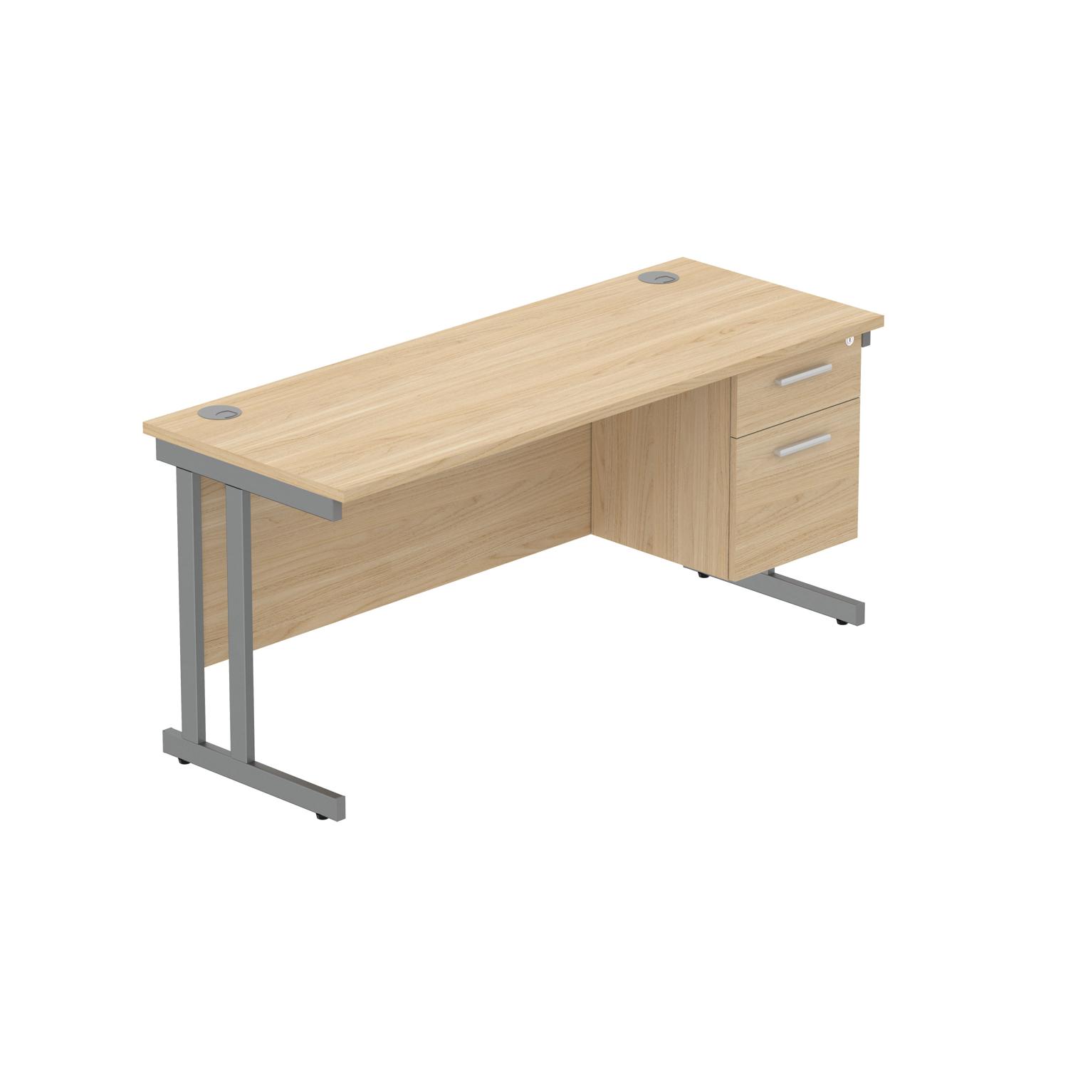 Office Rectangular Desk with Steel Double Upright Cantilever Legs + 2 Drawer Fixed Pedestal  1600X600 Canadian Oak/Graphite