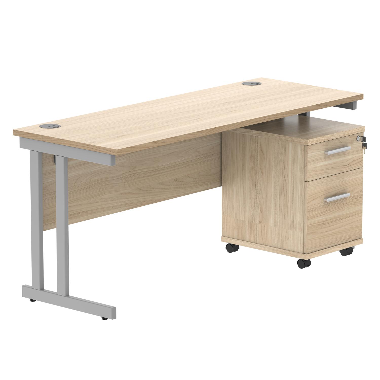 Double Upright Rectangular Desk + 2 Drawer Mobile Under Desk Pedestal  1600X600 Canadian Oak/Silver