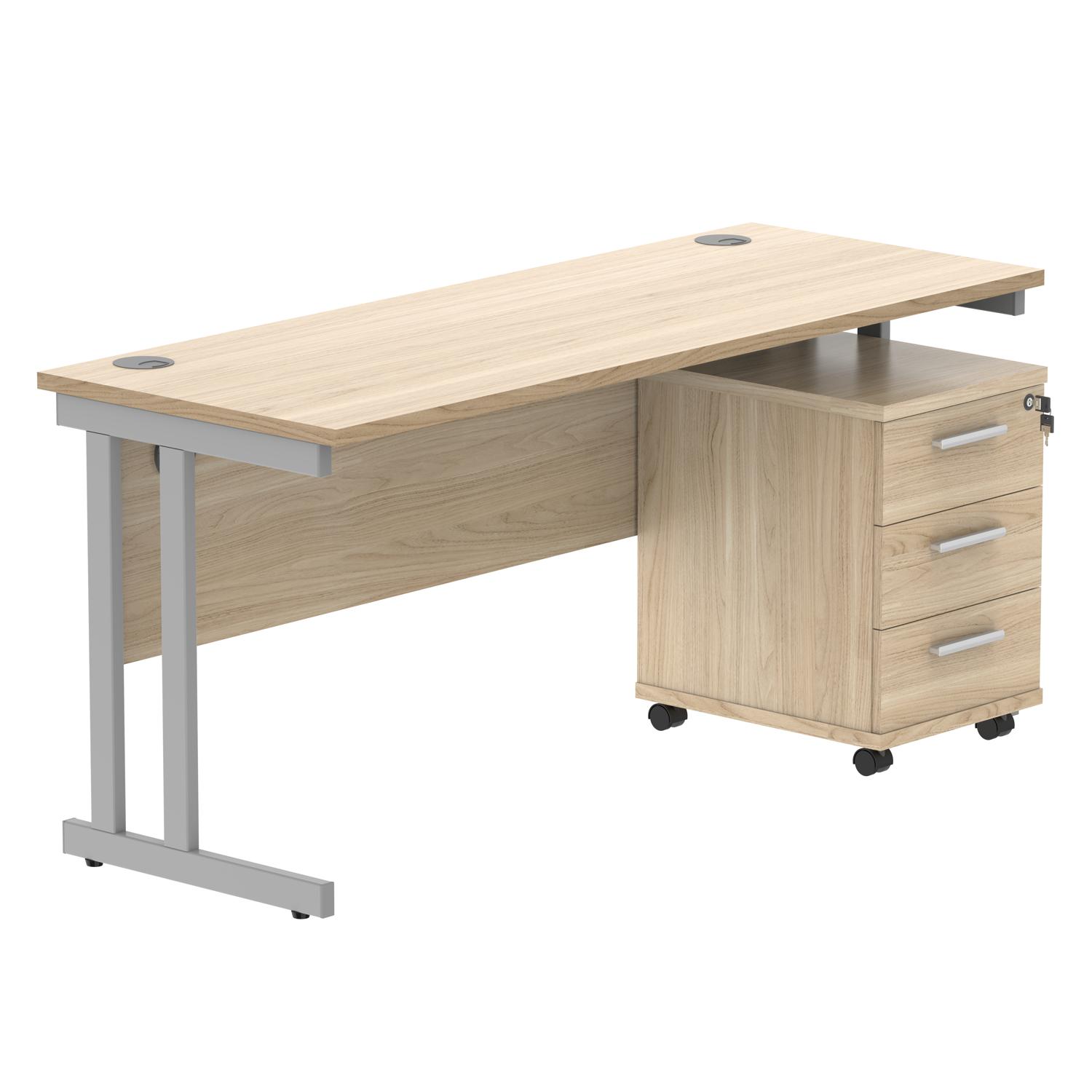 Double Upright Rectangular Desk + 3 Drawer Mobile Under Desk Pedestal  1600X600 Canadian Oak/Silver