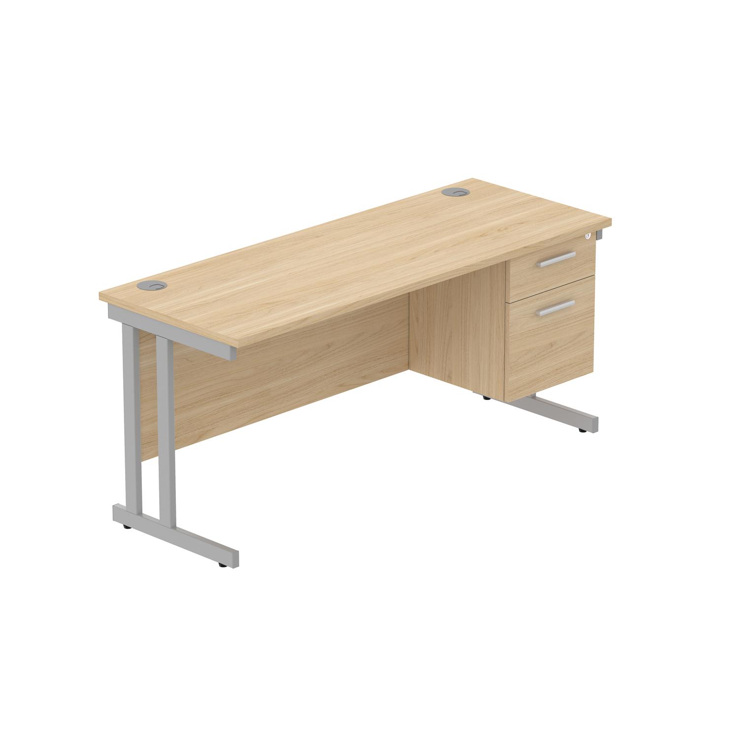 Office Rectangular Desk with Steel Double Upright Cantilever Legs + 2 Drawer Fixed Pedestal  1600X600 Canadian Oak/Silver