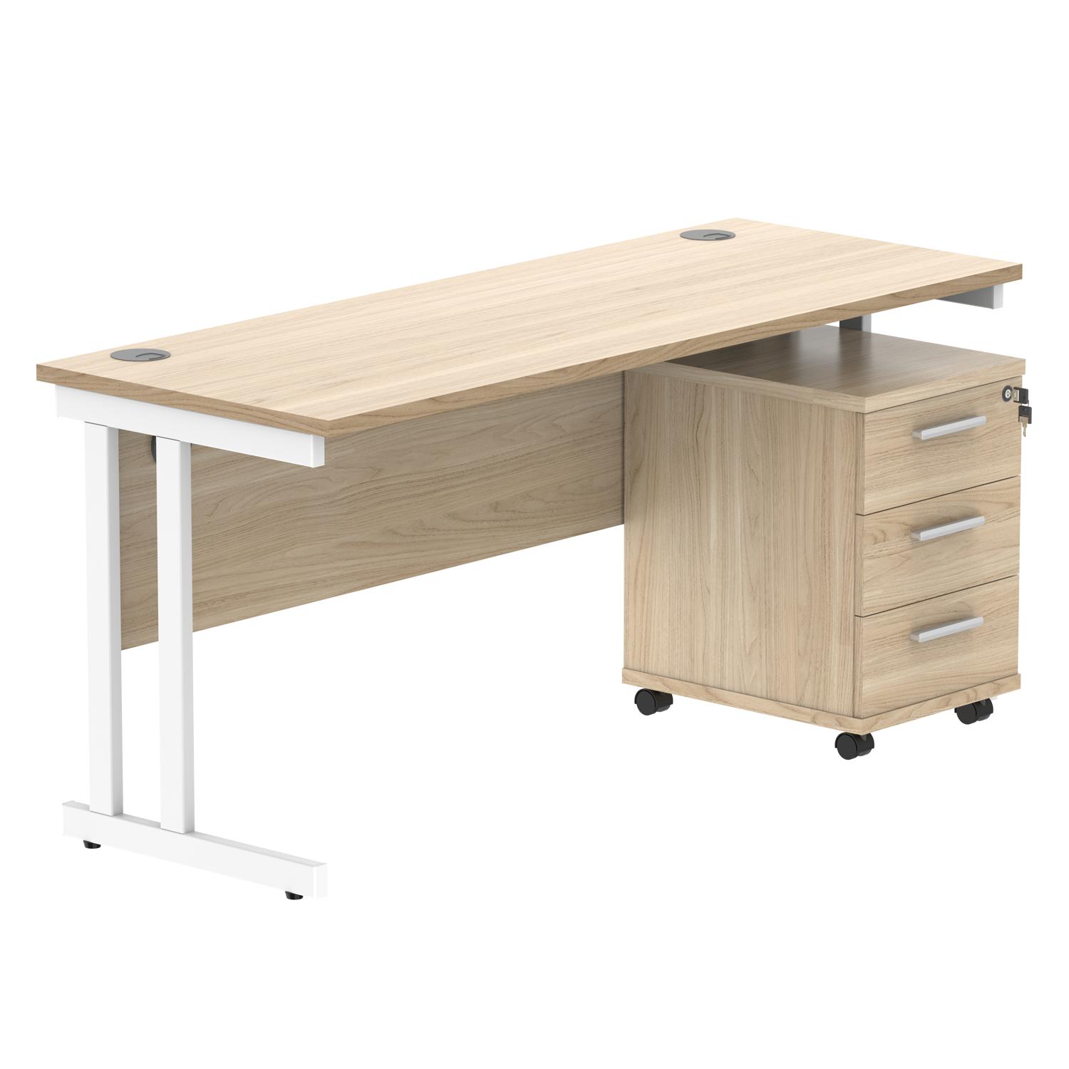 Double Upright Rectangular Desk + 3 Drawer Mobile Under Desk Pedestal  1600X600 Canadian Oak/White