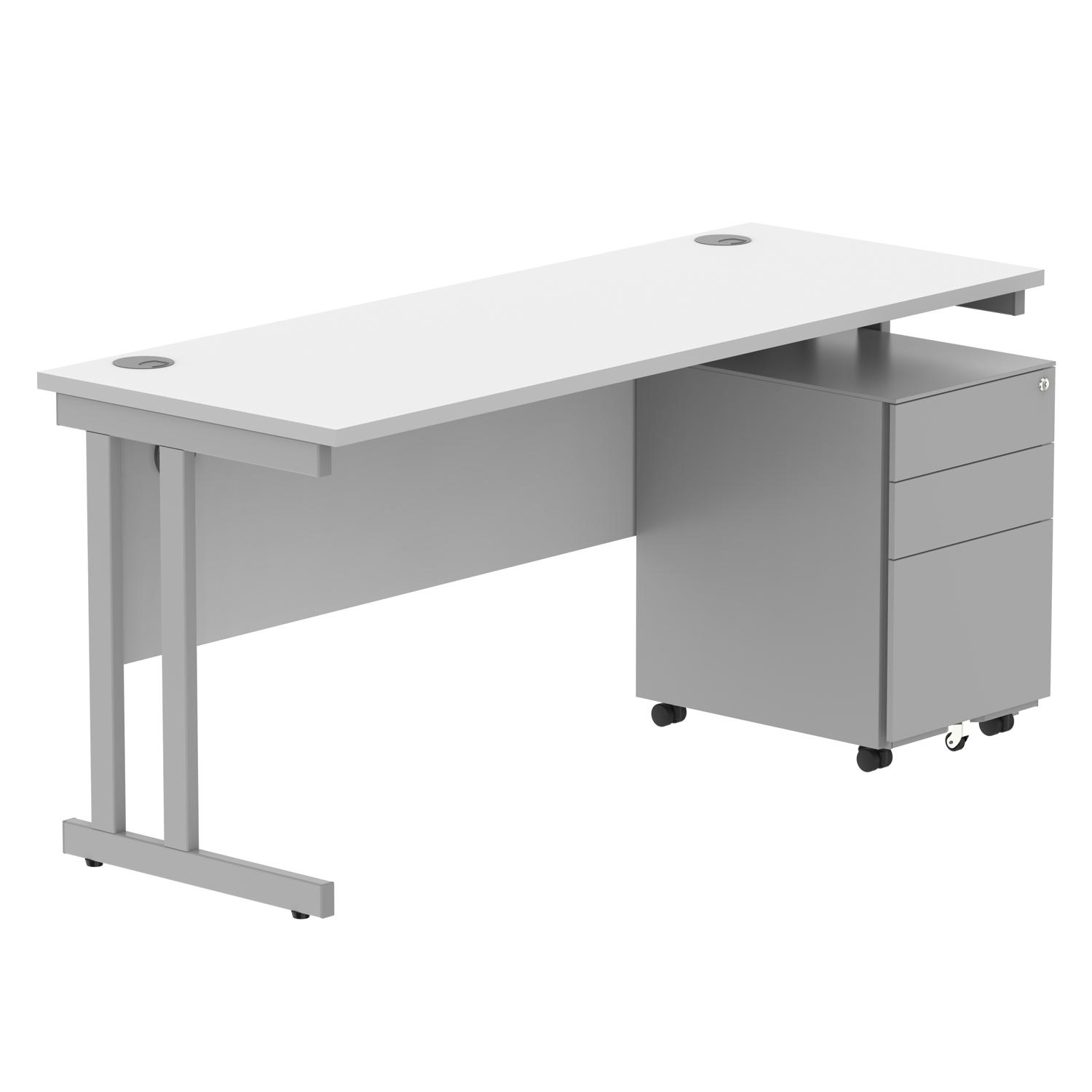 Double Upright Rectangular Desk + Under Desk Steel Pedestal 3 Drawers  1600X600 Arctic White/Silver