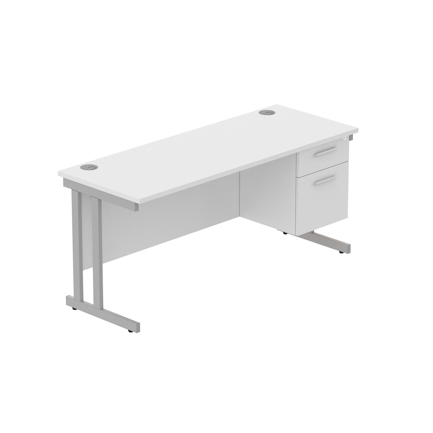 Office Rectangular Desk with Steel Double Upright Cantilever Legs + 2 Drawer Fixed Pedestal  1600X600 Arctic White/Silver