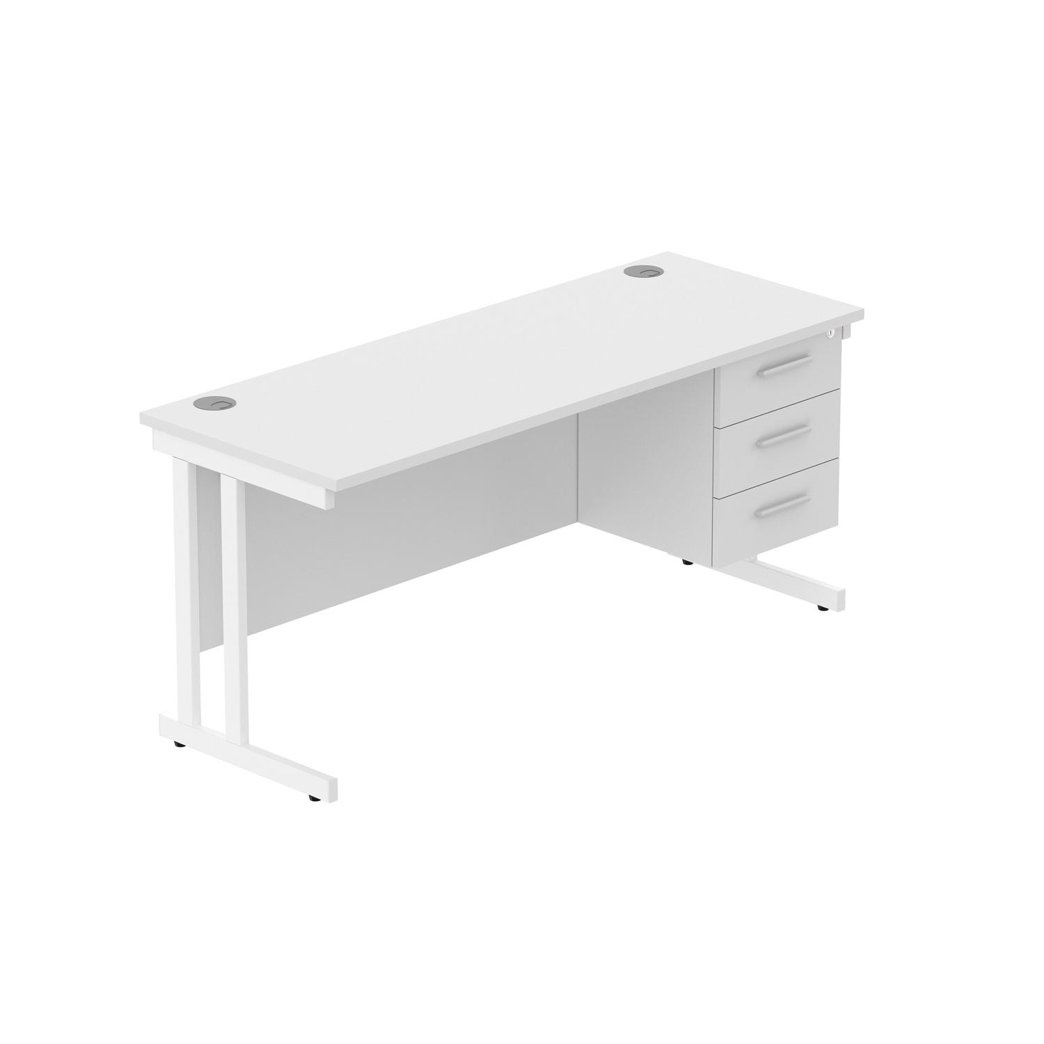 Office Rectangular Desk with Steel Double Upright Cantilever Legs + 3 Drawer Fixed Pedestal  1600X600 Arctic White/White