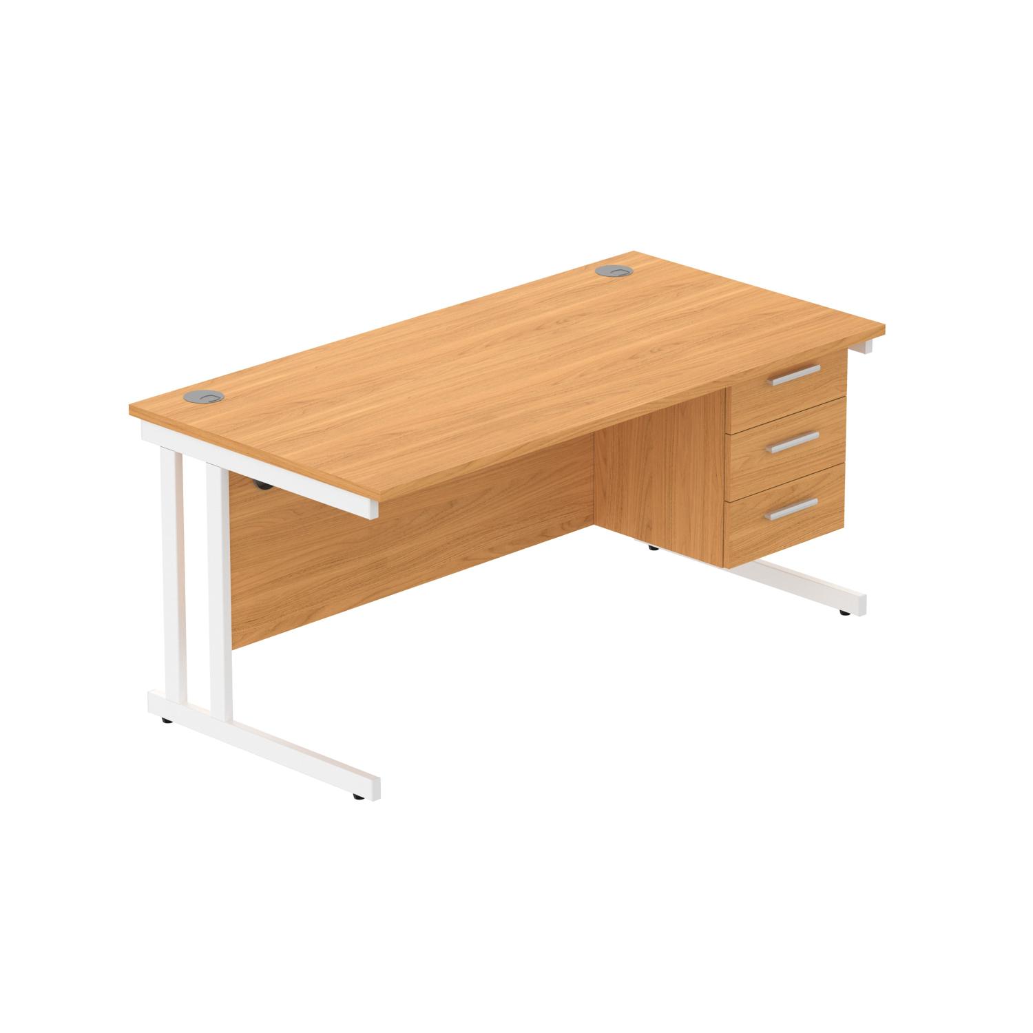 Office Rectangular Desk with Steel Double Upright Cantilever Legs + 3 Drawer Fixed Pedestal  1600X800 Norwegian Beech/White