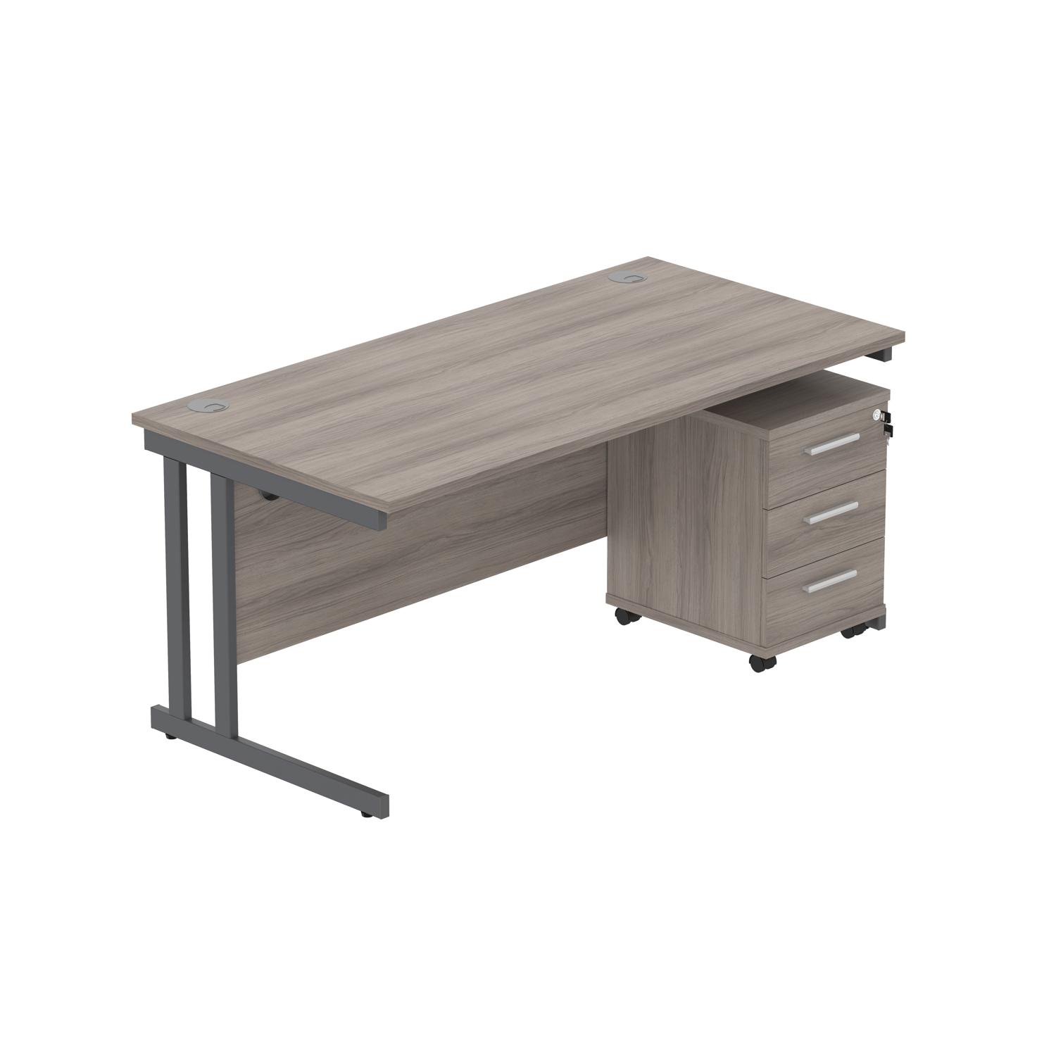 Double Upright Rectangular Desk + 3 Drawer Mobile Under Desk Pedestal  1600X800 Alaskan Grey Oak/Graphite