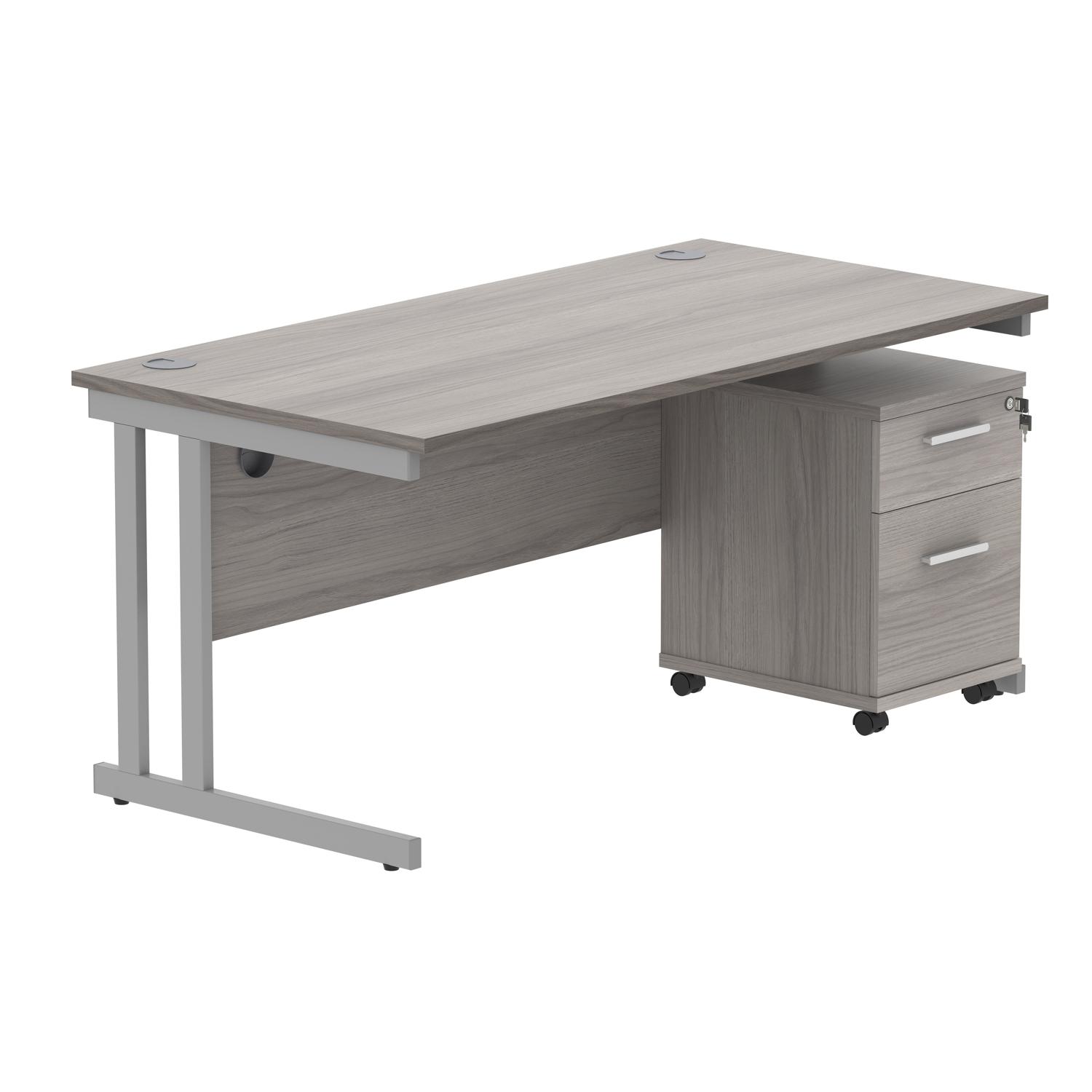 Double Upright Rectangular Desk + 2 Drawer Mobile Under Desk Pedestal 1600X800 Alaskan Grey Oak/Silver Double Upright Rectangular Desk + 2 Drawer Mobile Under Desk Pedestal 1600X800 Alaskan Grey Oak/Silver