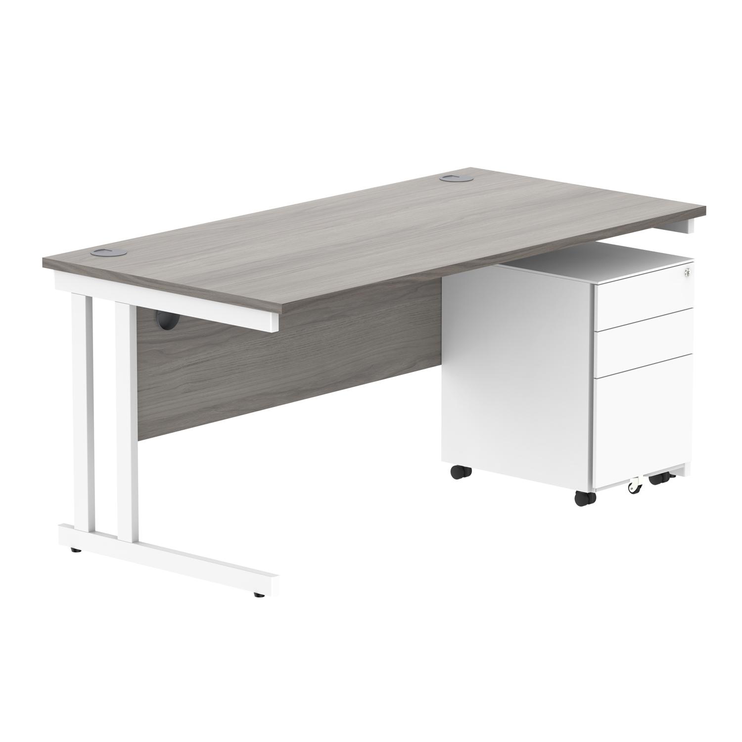 Double Upright Rectangular Desk + Under Desk Steel Pedestal 3 Drawers  1600X800 Alaskan Grey Oak/White