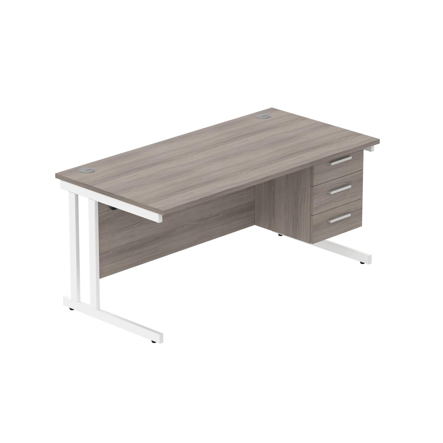 Office Rectangular Desk with Steel Double Upright Cantilever Legs + 3 Drawer Fixed Pedestal  1600X800 Alaskan Grey Oak/White