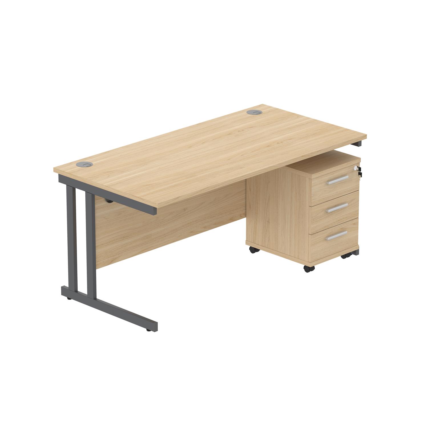 Double Upright Rectangular Desk + 3 Drawer Mobile Under Desk Pedestal  1600X800 Canadian Oak/Graphite