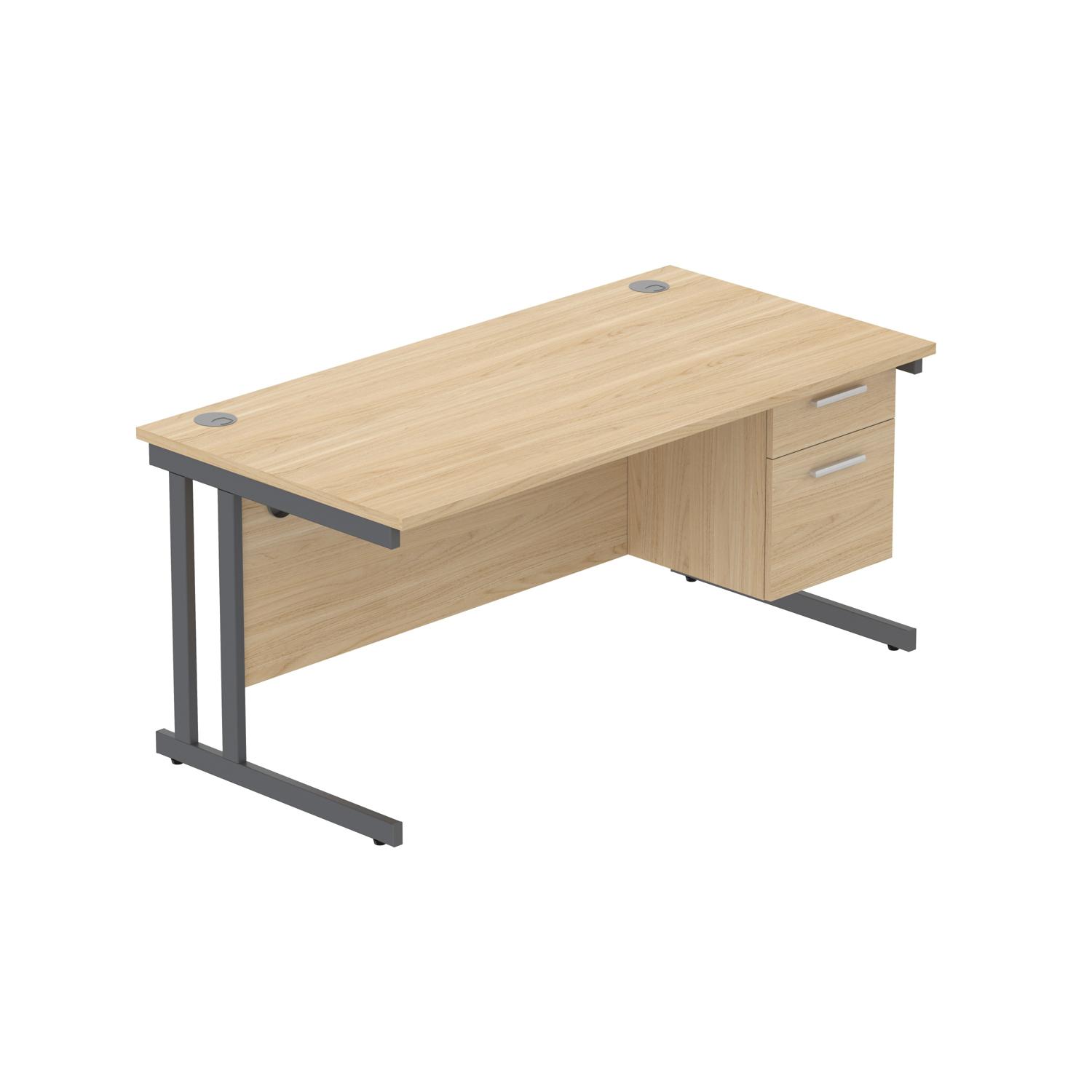 Office Rectangular Desk with Steel Double Upright Cantilever Legs + 2 Drawer Fixed Pedestal  1600X800 Canadian Oak/Graphite
