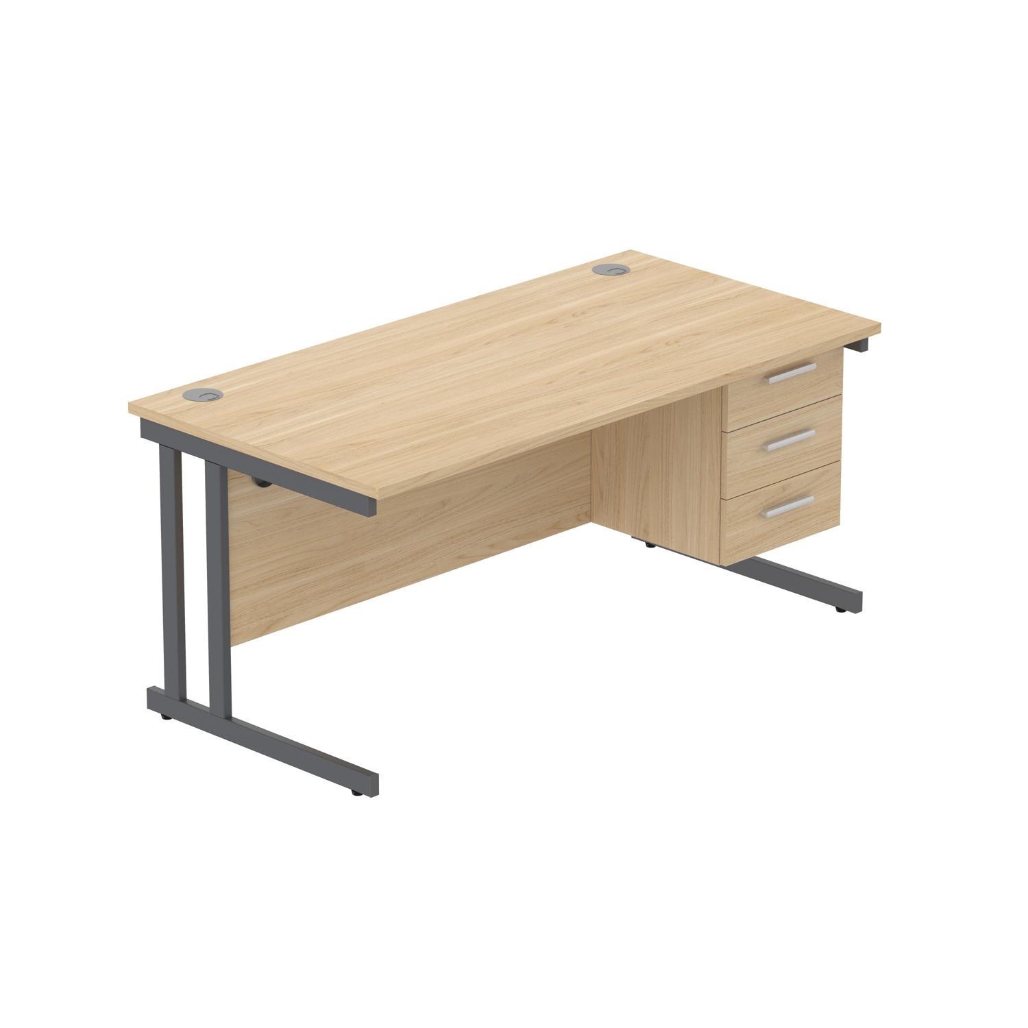 Office Rectangular Desk with Steel Double Upright Cantilever Legs + 3 Drawer Fixed Pedestal  1600X800 Canadian Oak/Graphite