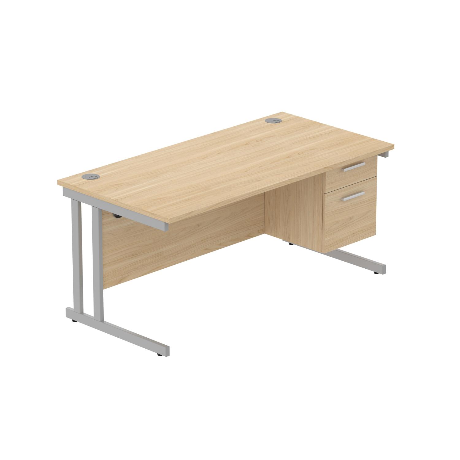 Office Rectangular Desk with Steel Double Upright Cantilever Legs + 2 Drawer Fixed Pedestal  1600X800 Canadian Oak/Silver