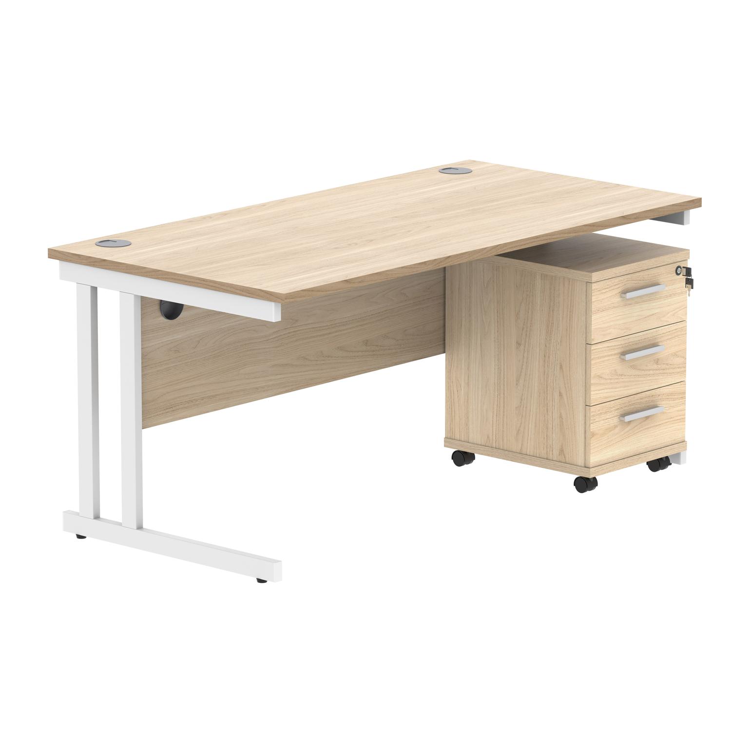 Double Upright Rectangular Desk + 3 Drawer Mobile Under Desk Pedestal  1600X800 Canadian Oak/White