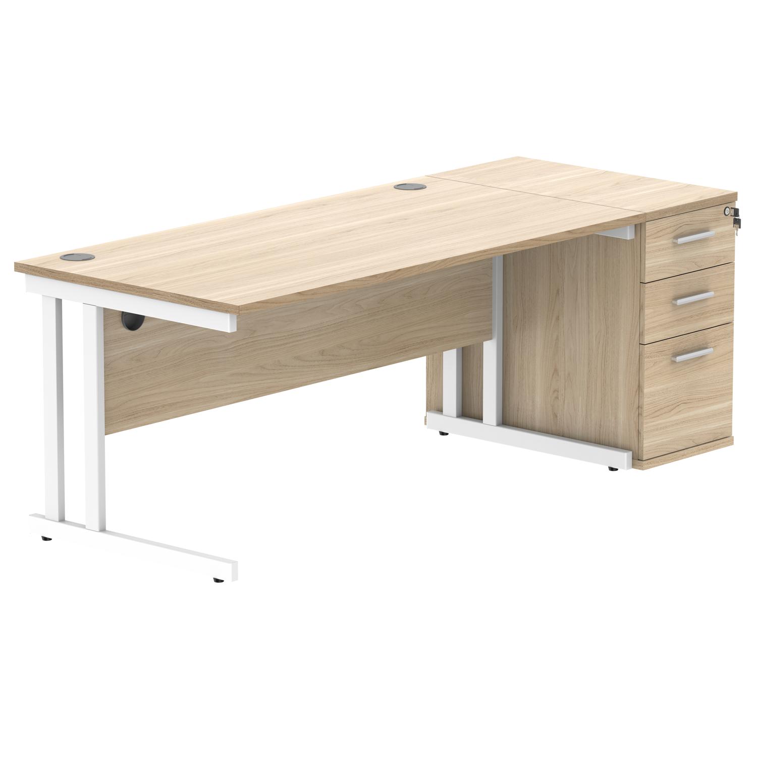 Double Upright Rectangular Desk + Desk High Pedestal  1600X800 Canadian Oak/White