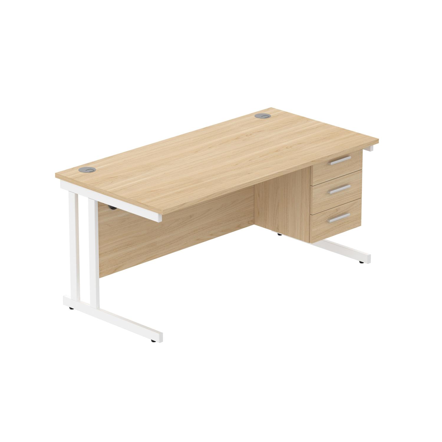 Office Rectangular Desk with Steel Double Upright Cantilever Legs + 3 Drawer Fixed Pedestal  1600X800 Canadian Oak/White